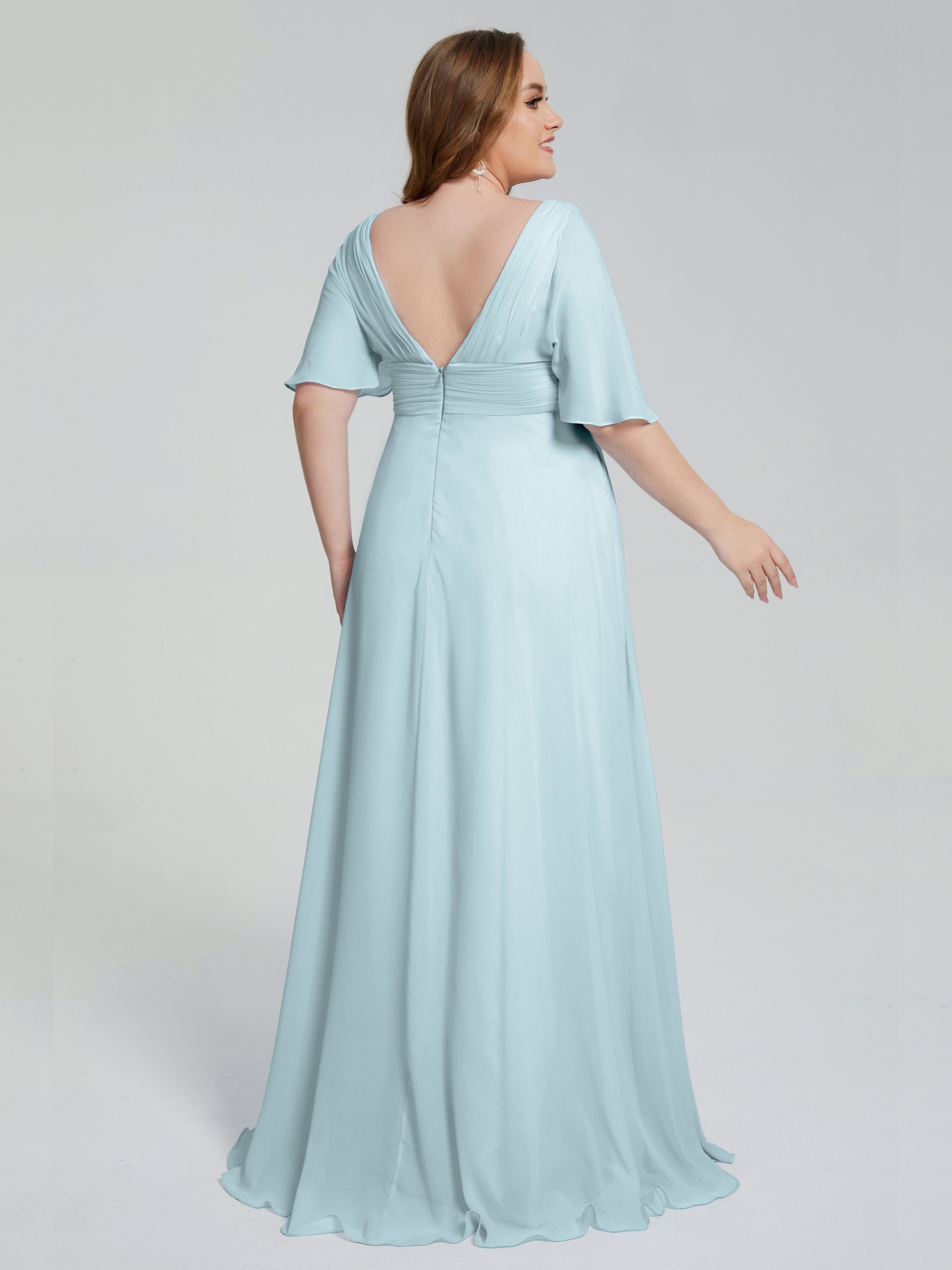 Robe De Demoiselle D'Honneur Brume Balayage Traîne Manches Courtes Mousseline Robes Demoiselle D'Honneur Grande Taille