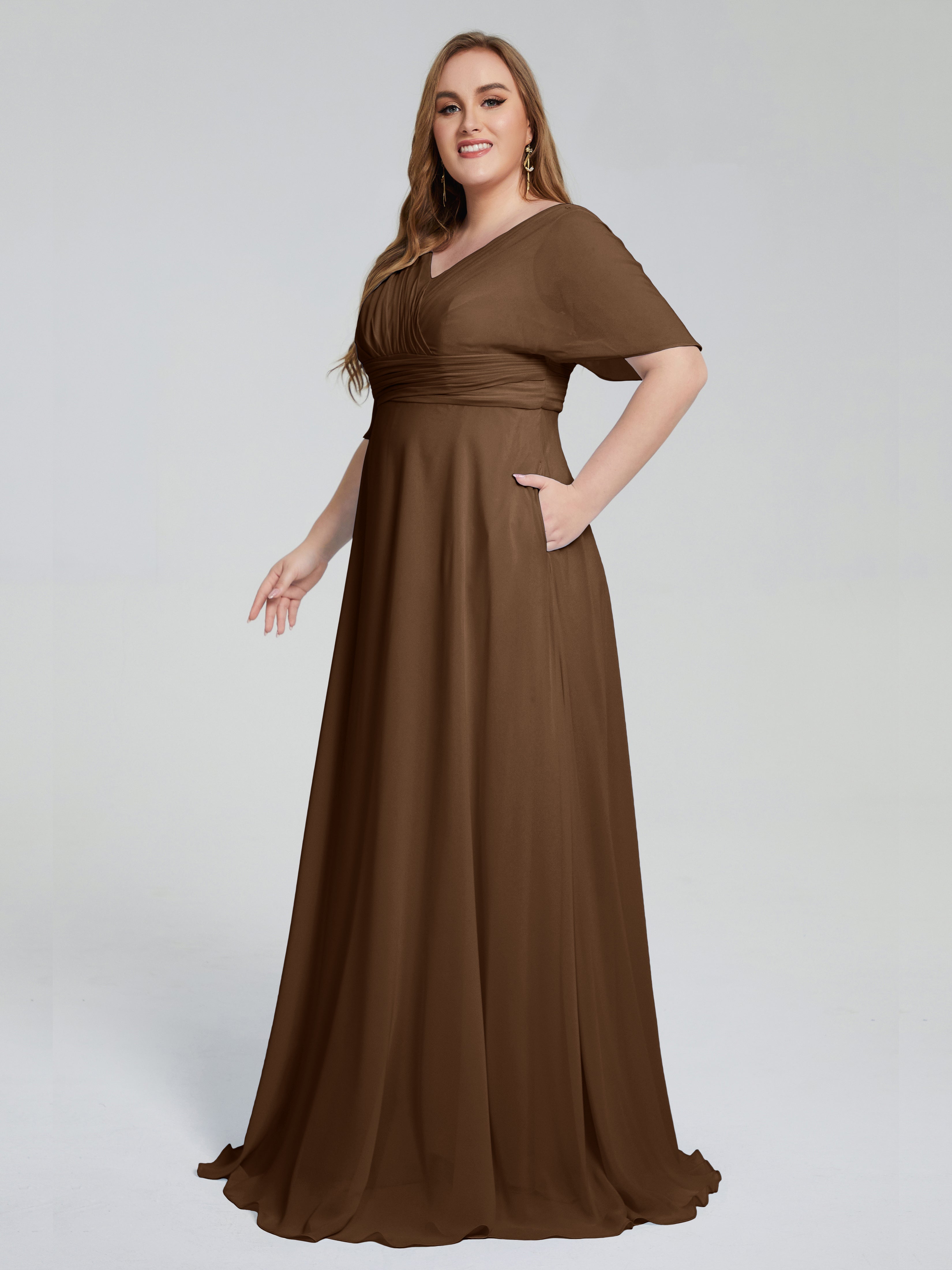 Robe Demoiselle D Honneur Brun Balayage Traîne Manches Courtes Mousseline Robes Demoiselle D'Honneur Grande Taille