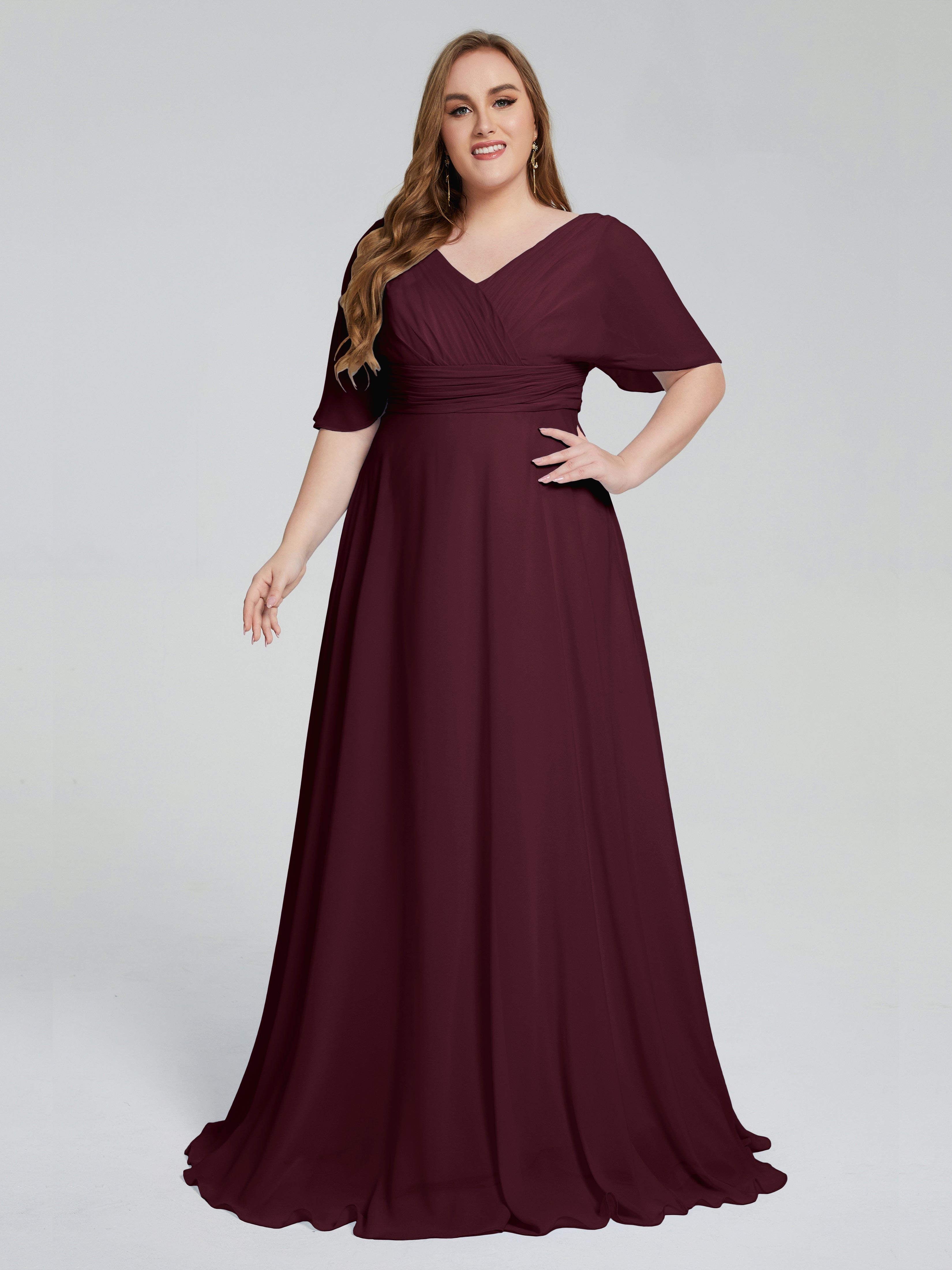 Robes De Demoiselle D'Honneur Cabernet Balayage Traîne Manches Courtes Mousseline Robes Demoiselle D'Honneur Grande Taille