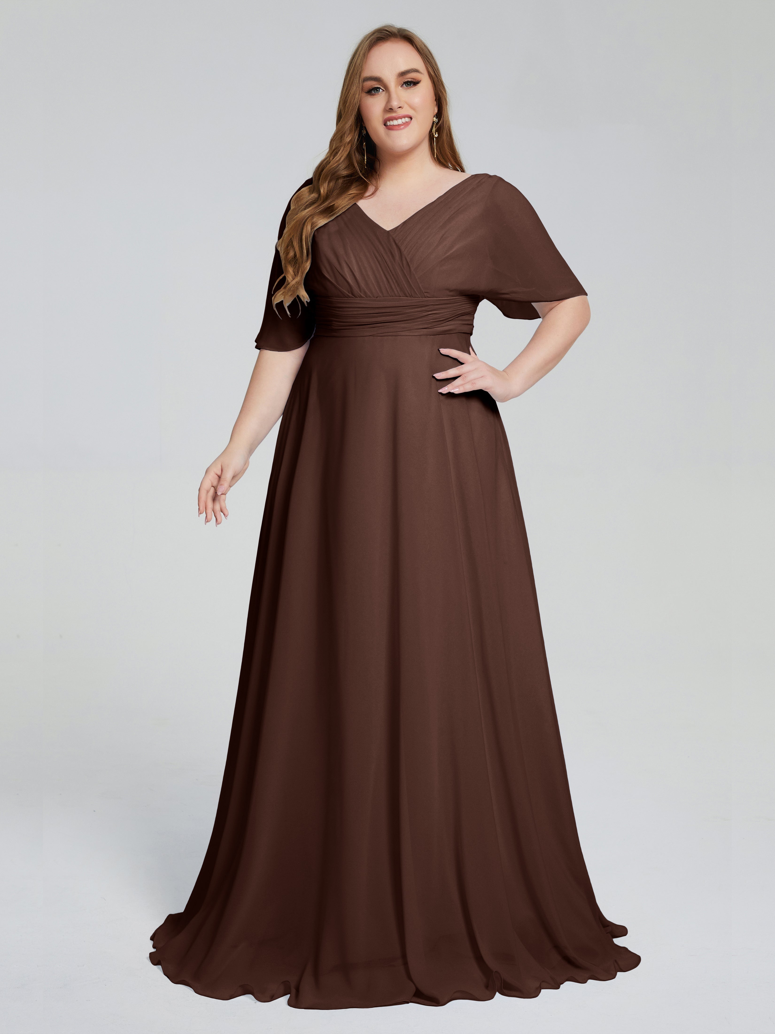 Robe Demoiselle D Honneur Chocolat Balayage Traîne Manches Courtes Mousseline Robes Demoiselle D'Honneur Grande Taille