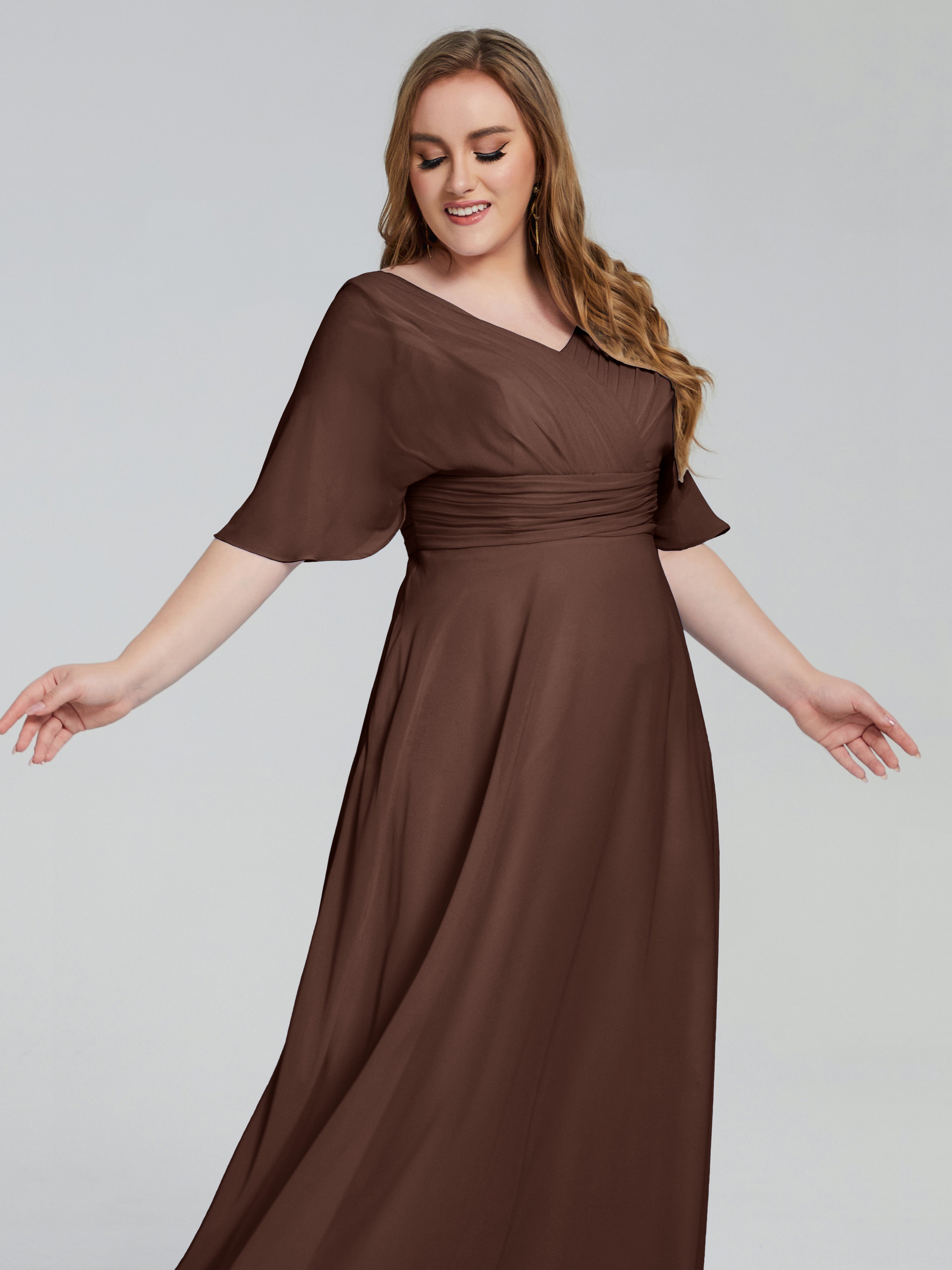 Robe Demoiselle D Honneur Chocolat Balayage Traîne Manches Courtes Mousseline Robes Demoiselle D'Honneur Grande Taille