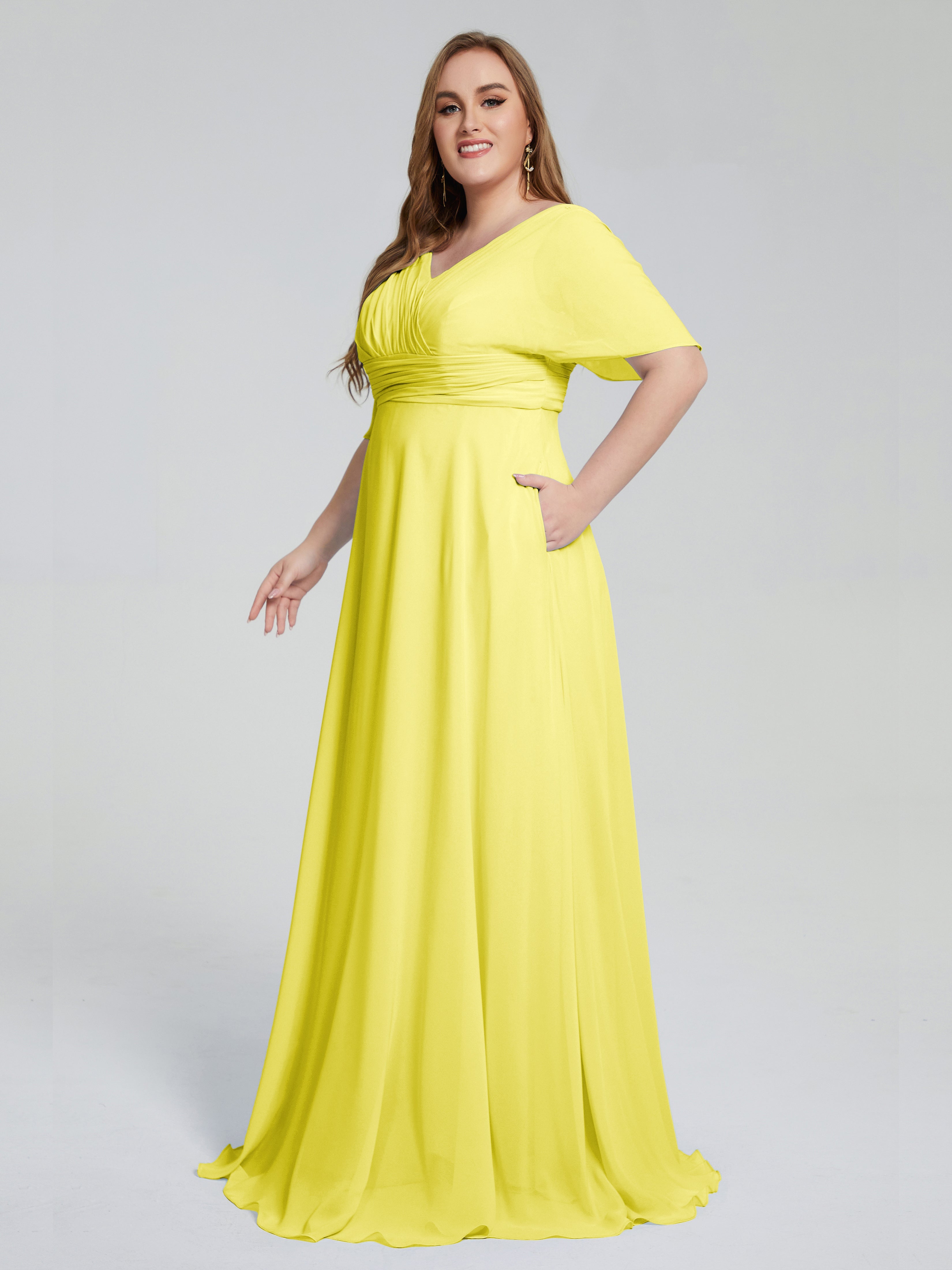 Robes De Demoiselle D'Honneur Citron Balayage Traîne Manches Courtes Mousseline Robes Demoiselle D'Honneur Grande Taille