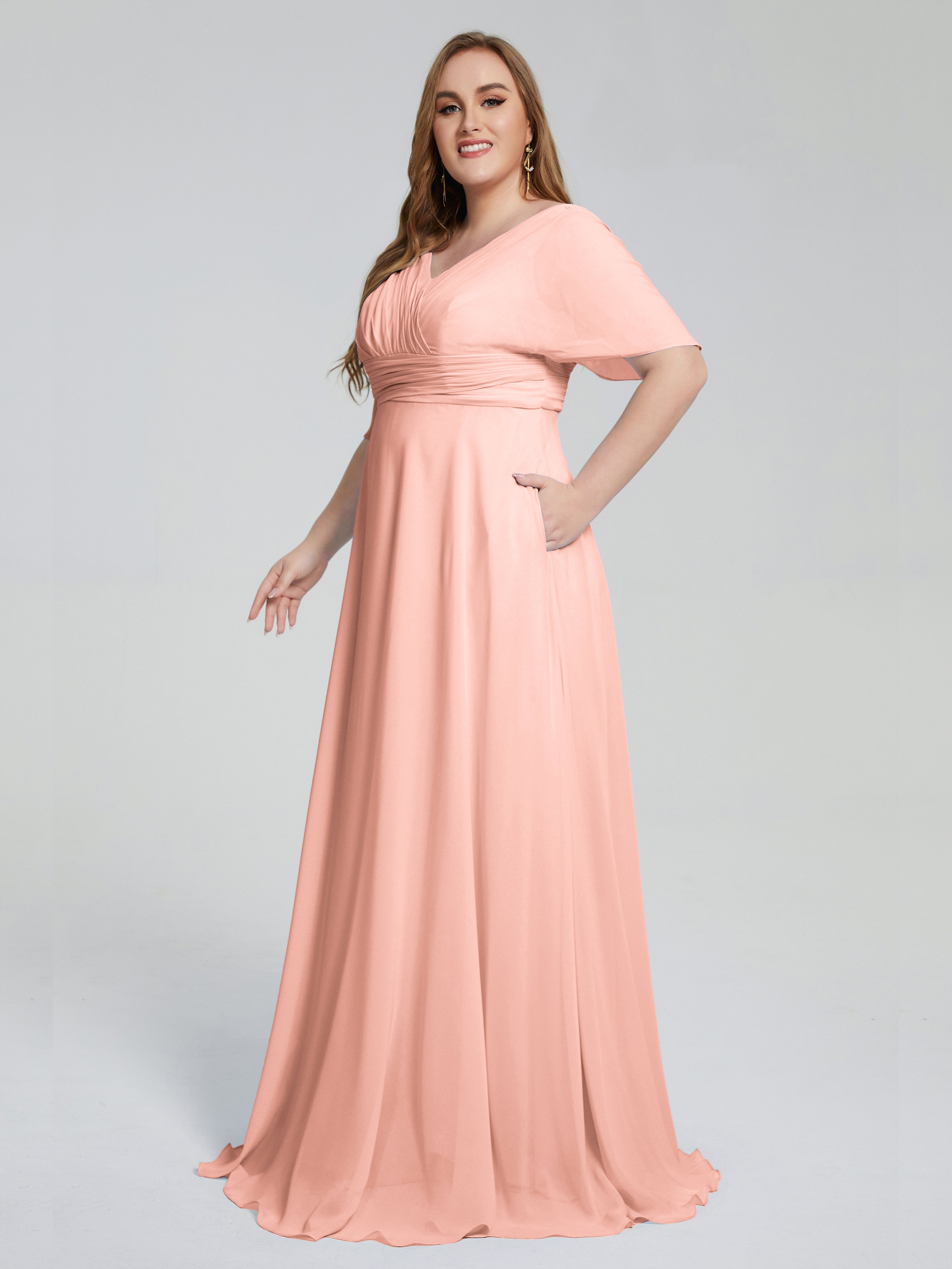 Robe Demoiselle D Honneur Corail Balayage Traîne Manches Courtes Mousseline Robes Demoiselle D'Honneur Grande Taille