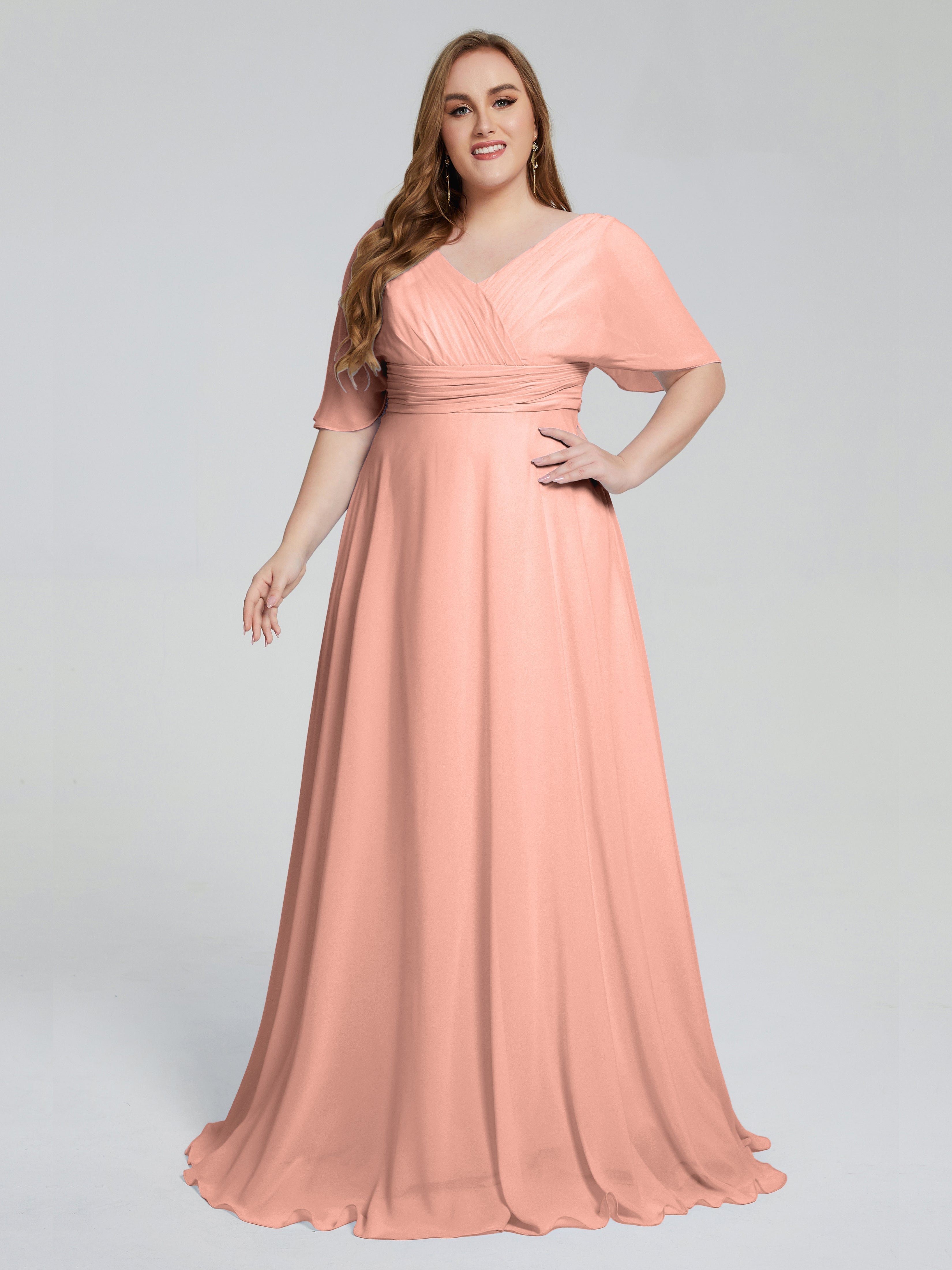 Robe Demoiselle D Honneur Corail Balayage Traîne Manches Courtes Mousseline Robes Demoiselle D'Honneur Grande Taille