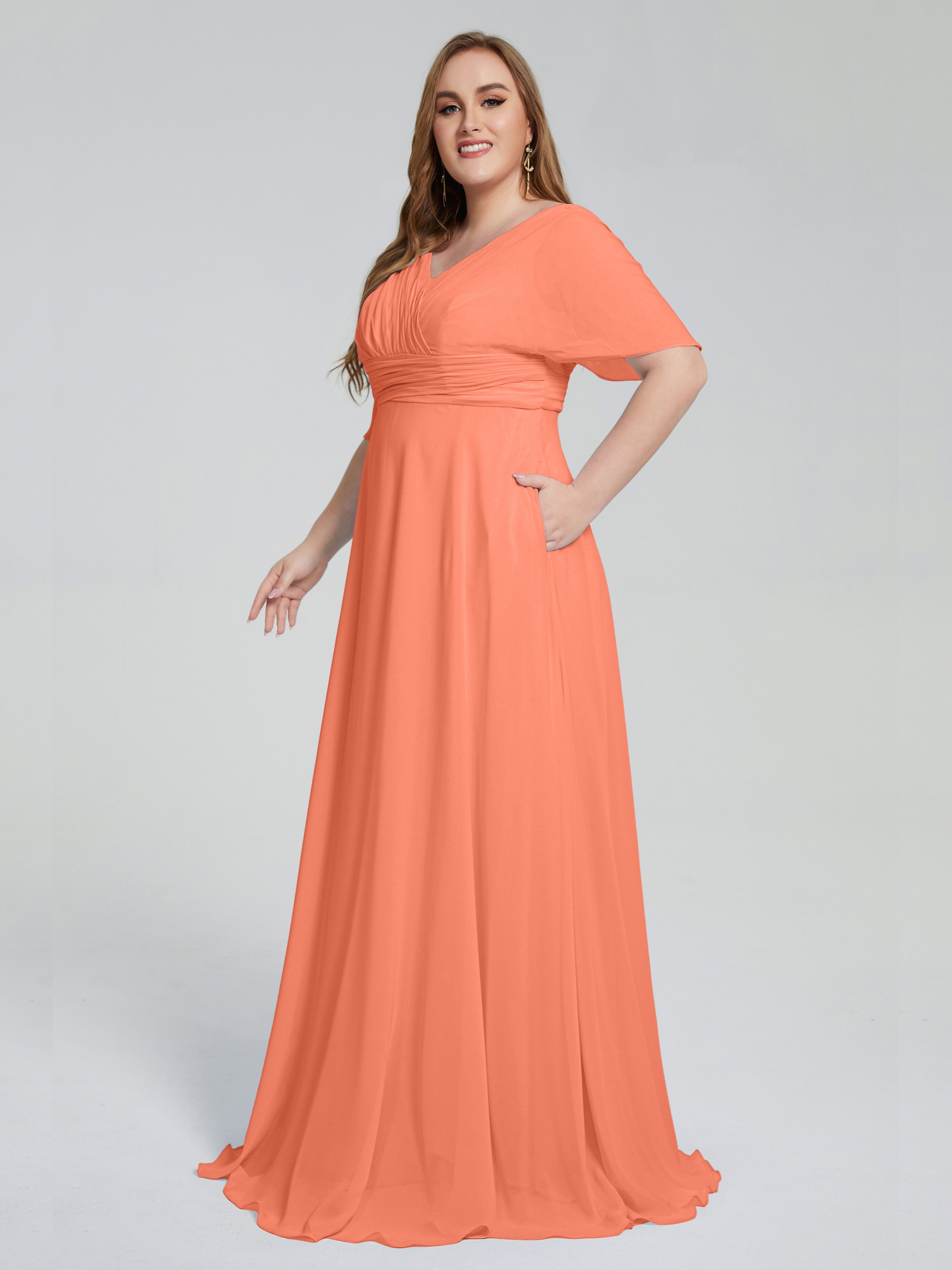 Robes De Demoiselle D'Honneur Coucher De Soleil Balayage Traîne Manches Courtes Mousseline Robes Demoiselle D'Honneur Grande Taille