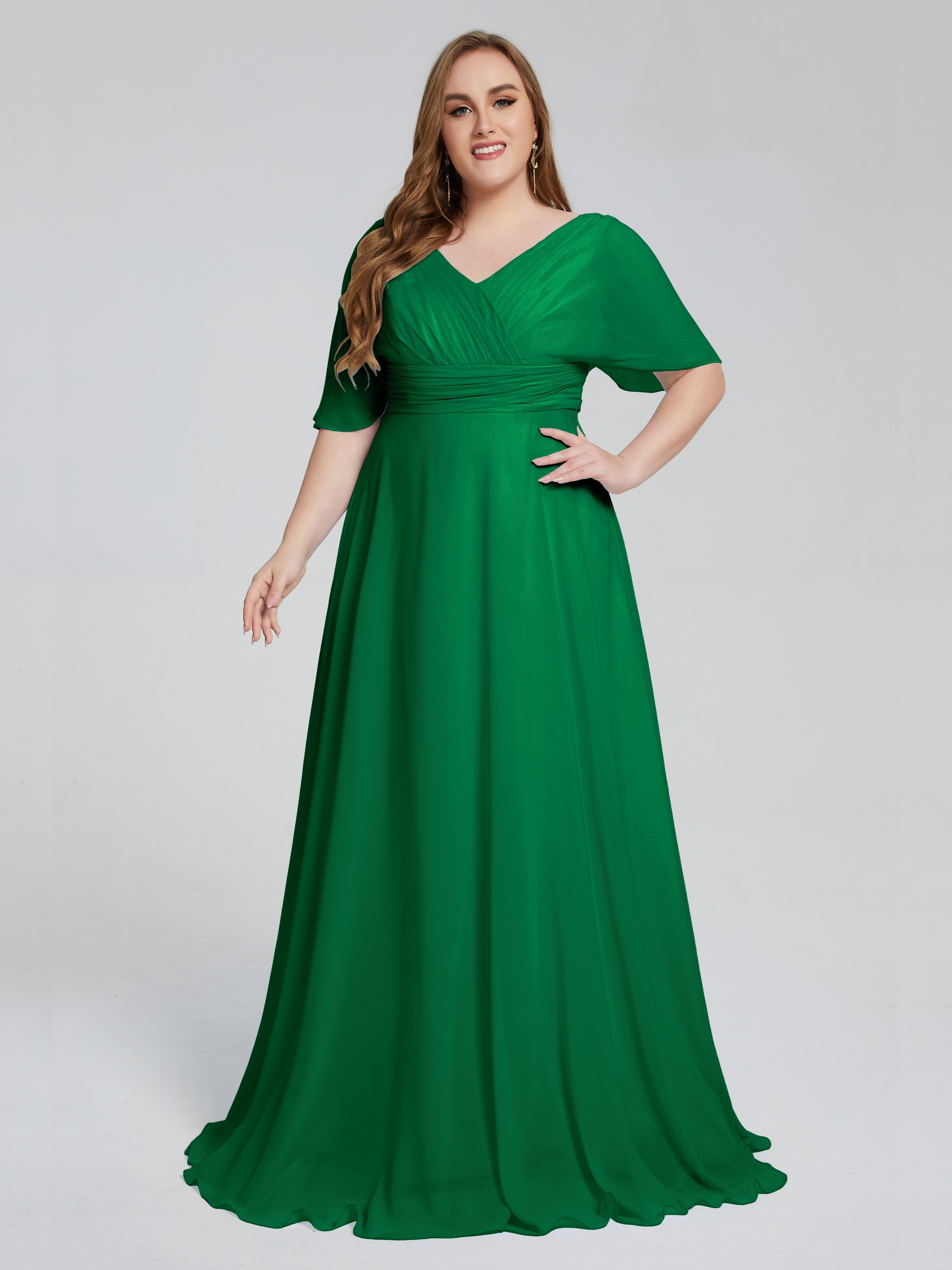Robe Demoiselle D Honneur Vert Emeraude Balayage Traîne Manches Courtes Mousseline Robes Demoiselle D'Honneur Grande Taille