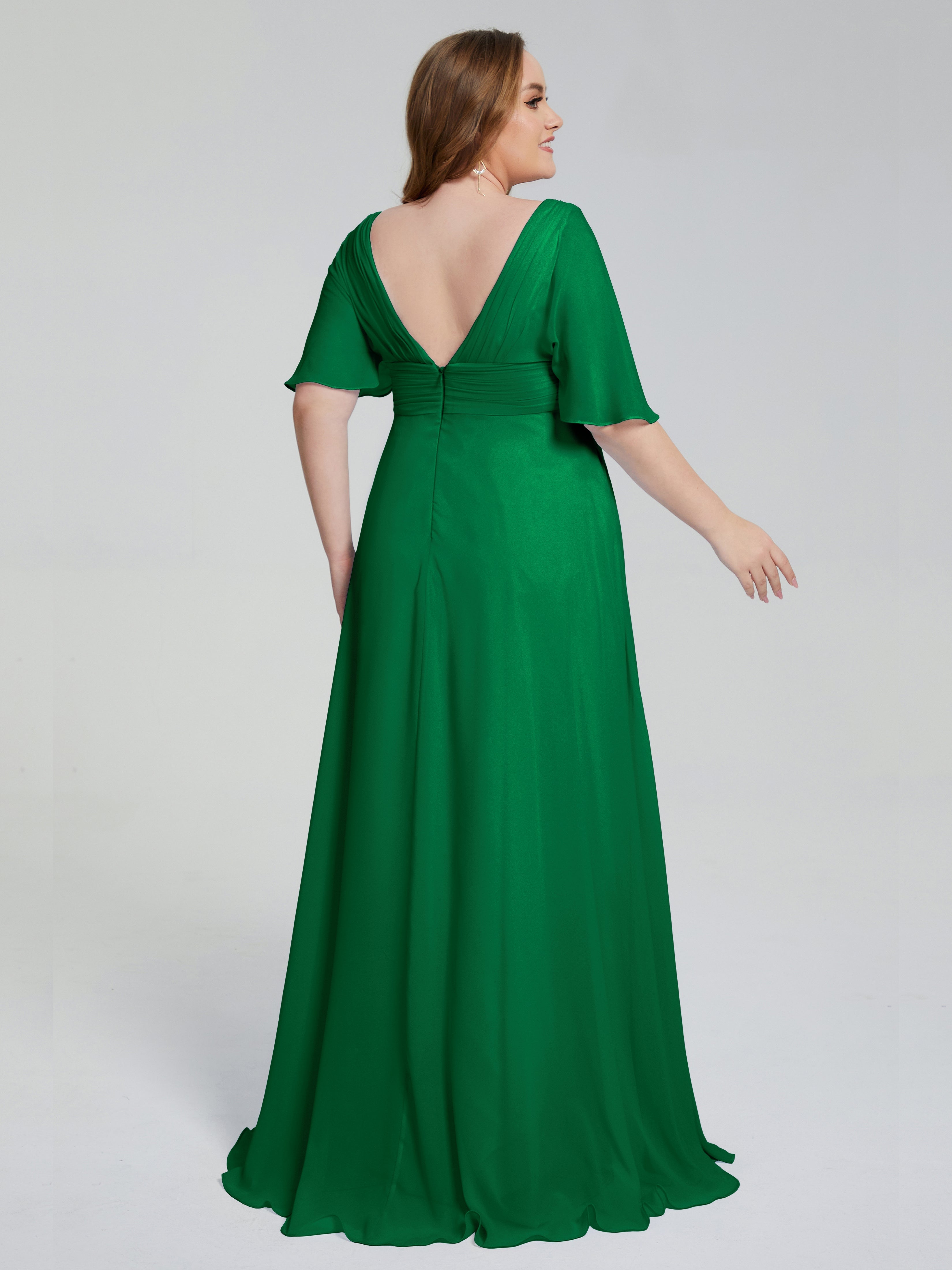 Robe Demoiselle D Honneur Vert Emeraude Balayage Traîne Manches Courtes Mousseline Robes Demoiselle D'Honneur Grande Taille