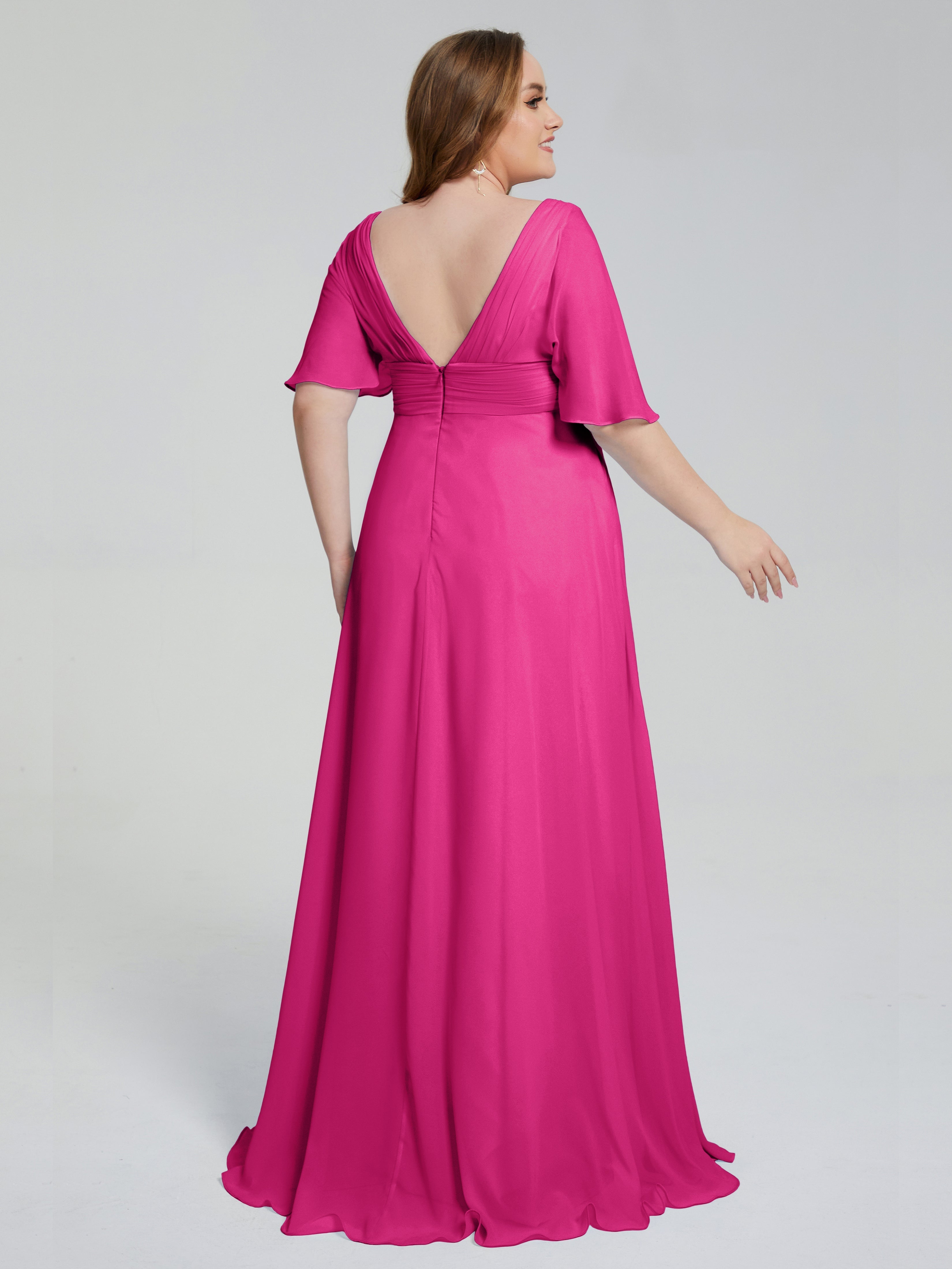Robes De Demoiselle D'Honneur Couleur Rose Fuchsia Balayage Traîne Manches Courtes Mousseline Robes Demoiselle D'Honneur Grande Taille