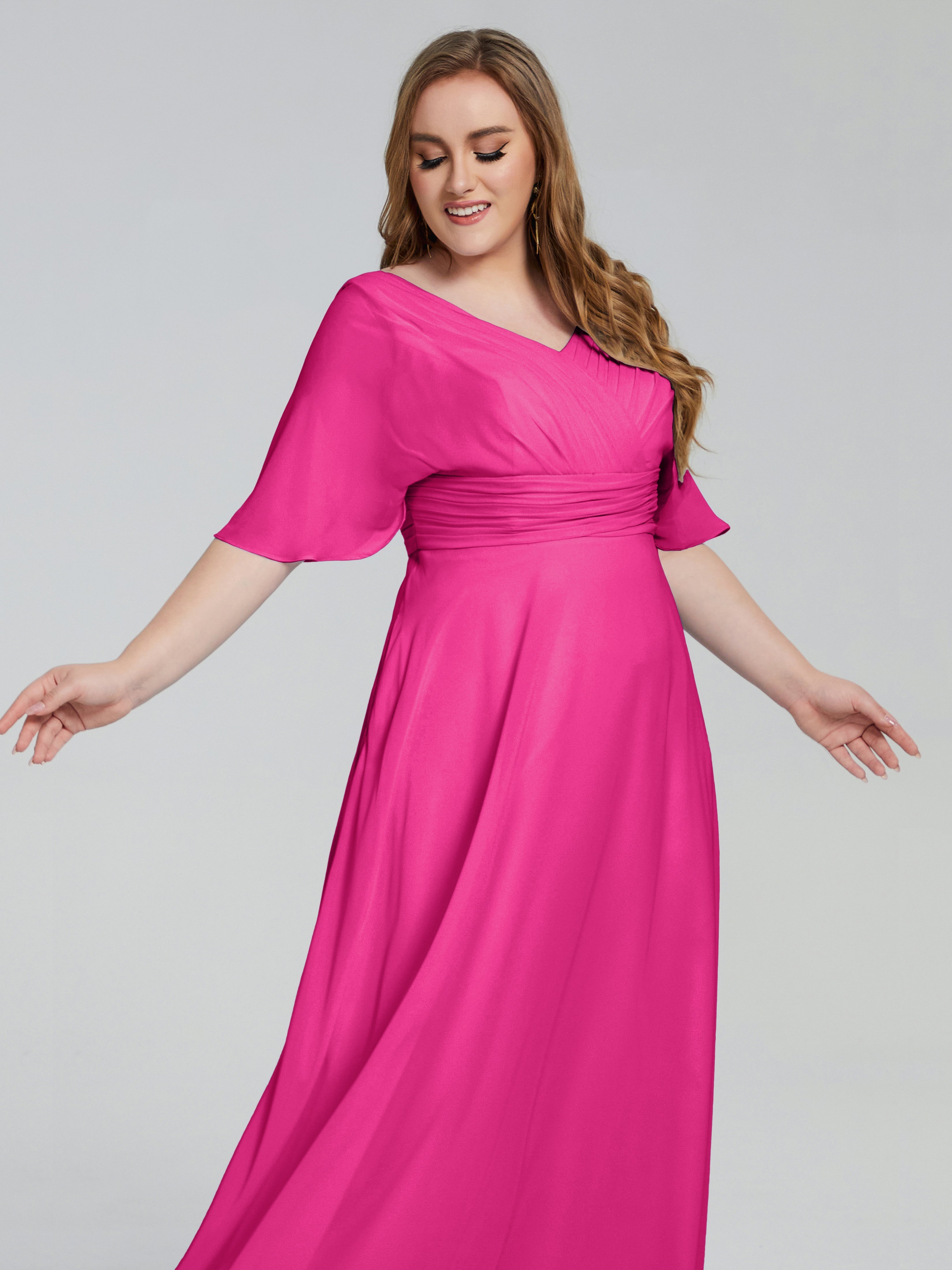 Robes De Demoiselle D'Honneur Couleur Rose Fuchsia Balayage Traîne Manches Courtes Mousseline Robes Demoiselle D'Honneur Grande Taille