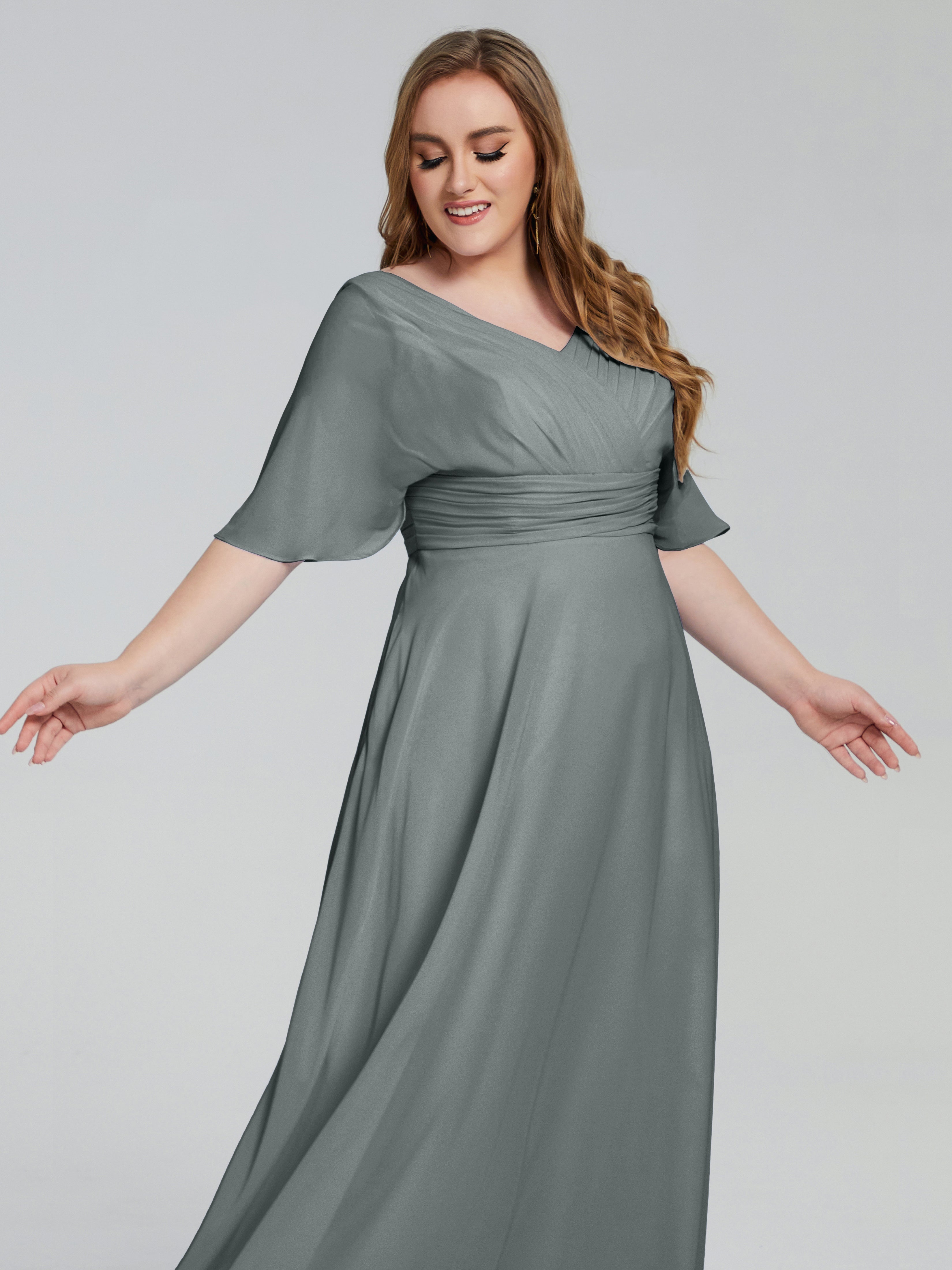 Robe Demoiselle D Honneur Grise Balayage Traîne Manches Courtes Mousseline Robes Demoiselle D'Honneur Grande Taille