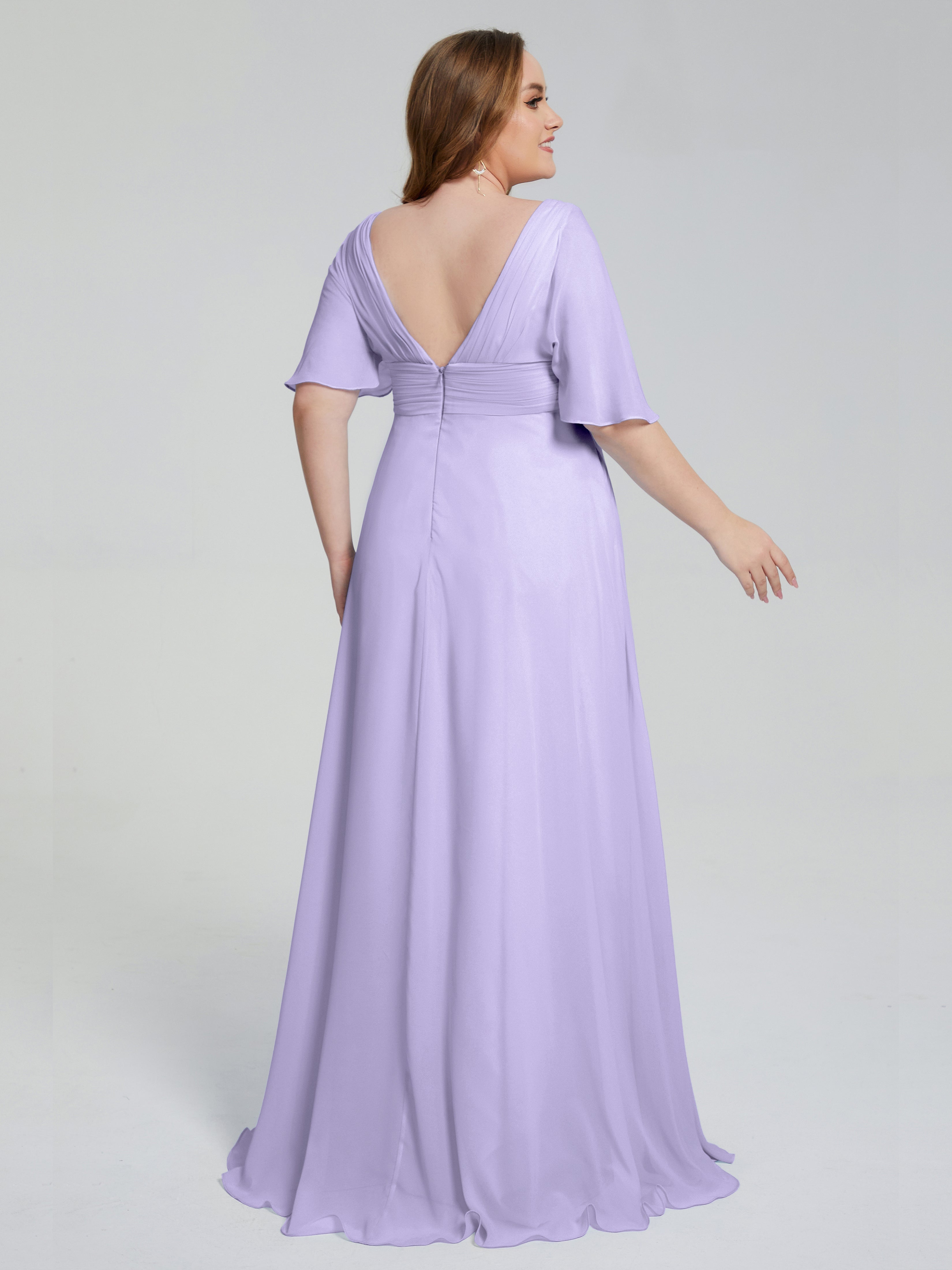 Robe Demoiselle D Honneur Lilas Balayage Traîne Manches Courtes Mousseline Robes Demoiselle D'Honneur Grande Taille