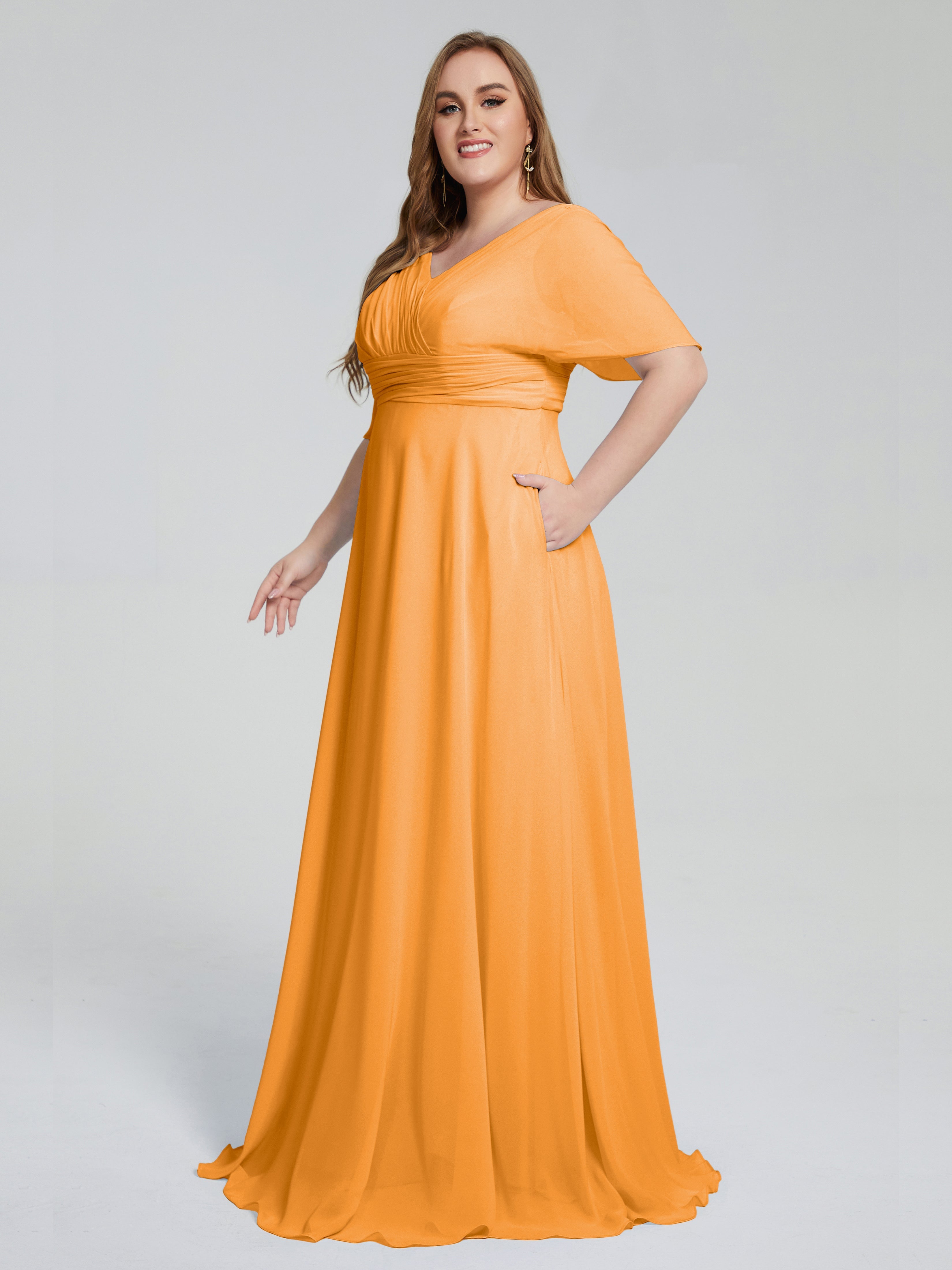 Robes De Demoiselle D'Honneur Mandarine Balayage Traîne Manches Courtes Mousseline Robes Demoiselle D'Honneur Grande Taille