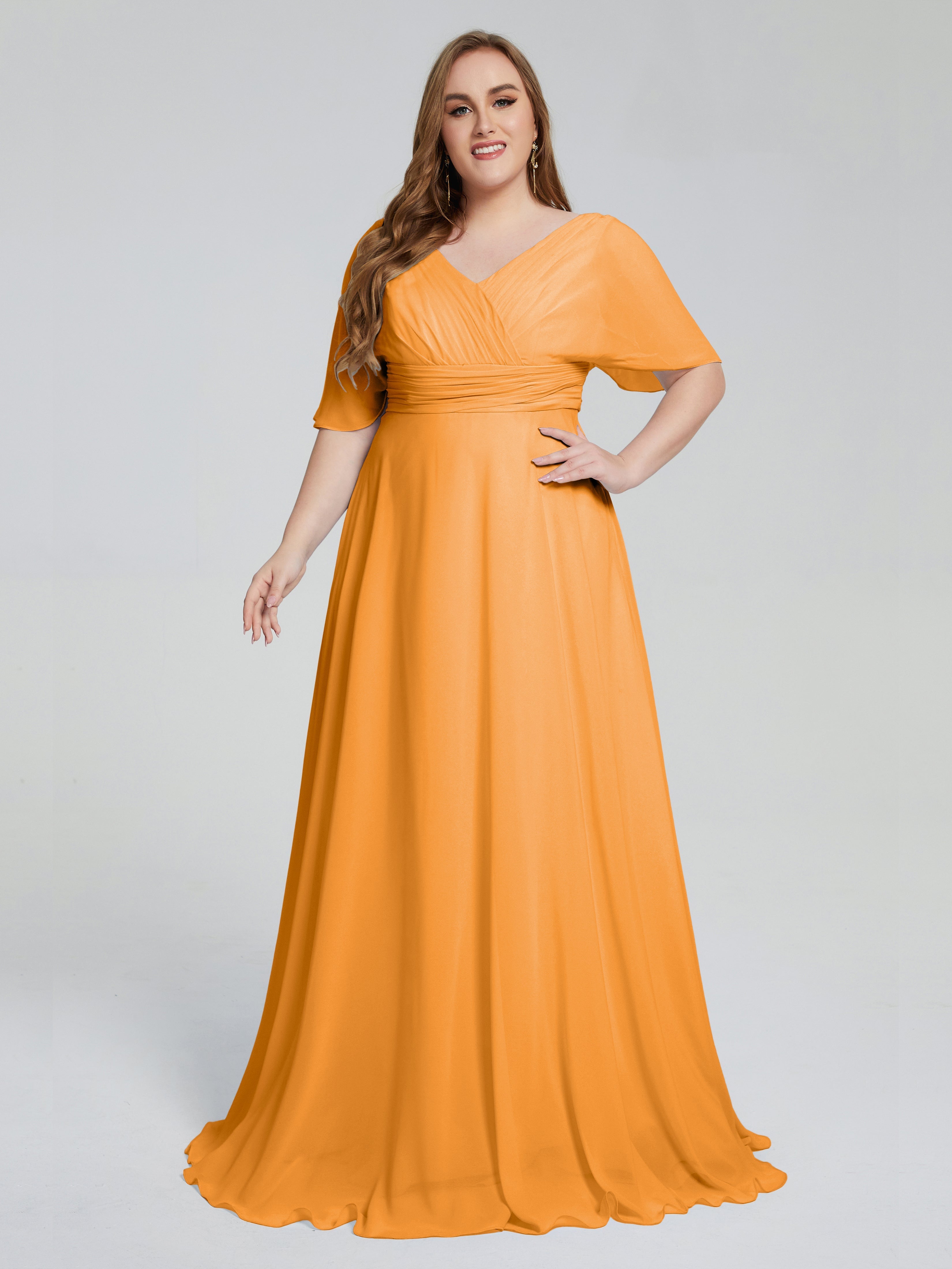 Robes De Demoiselle D'Honneur Mandarine Balayage Traîne Manches Courtes Mousseline Robes Demoiselle D'Honneur Grande Taille