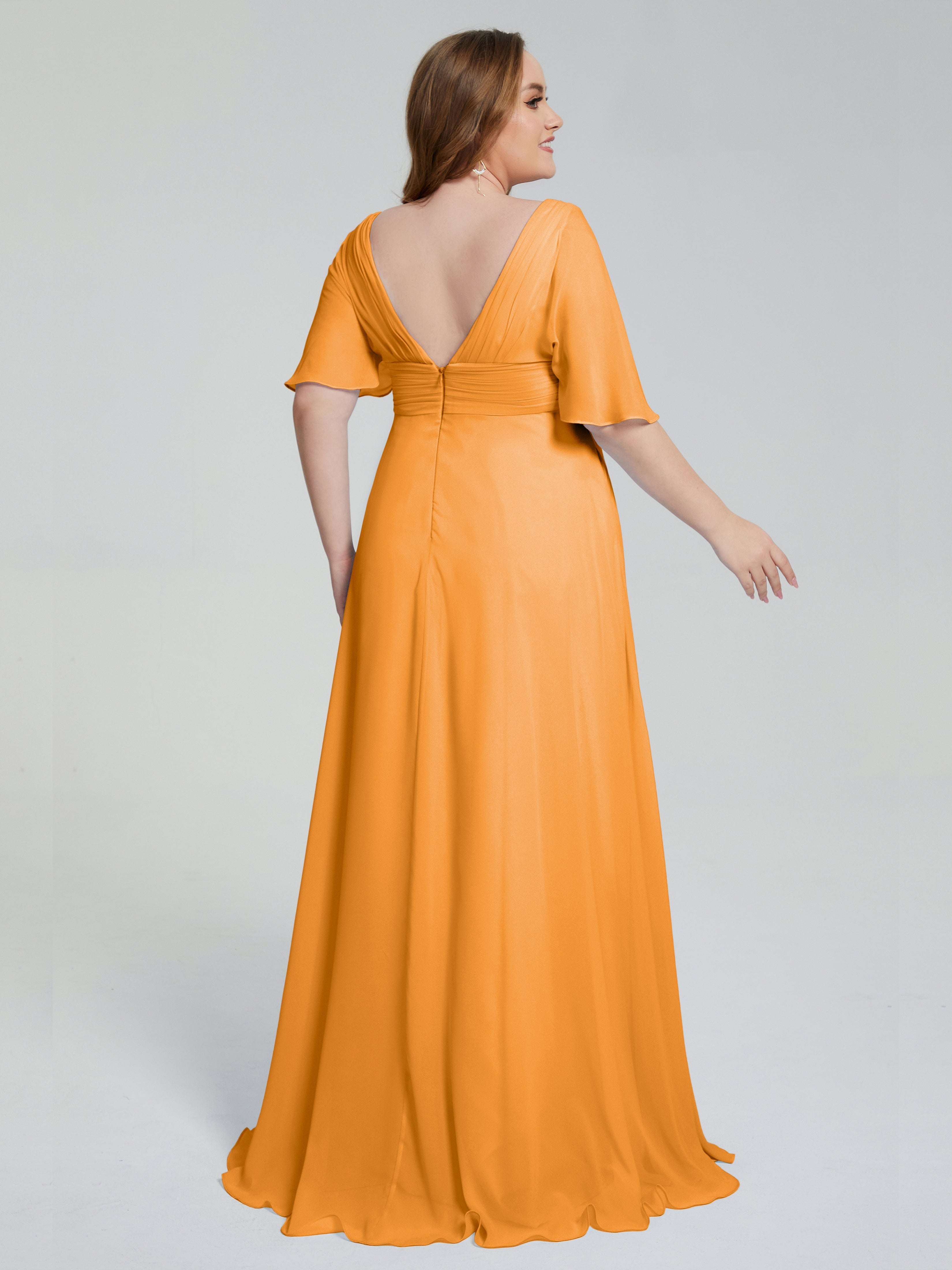 Robes De Demoiselle D'Honneur Mandarine Balayage Traîne Manches Courtes Mousseline Robes Demoiselle D'Honneur Grande Taille