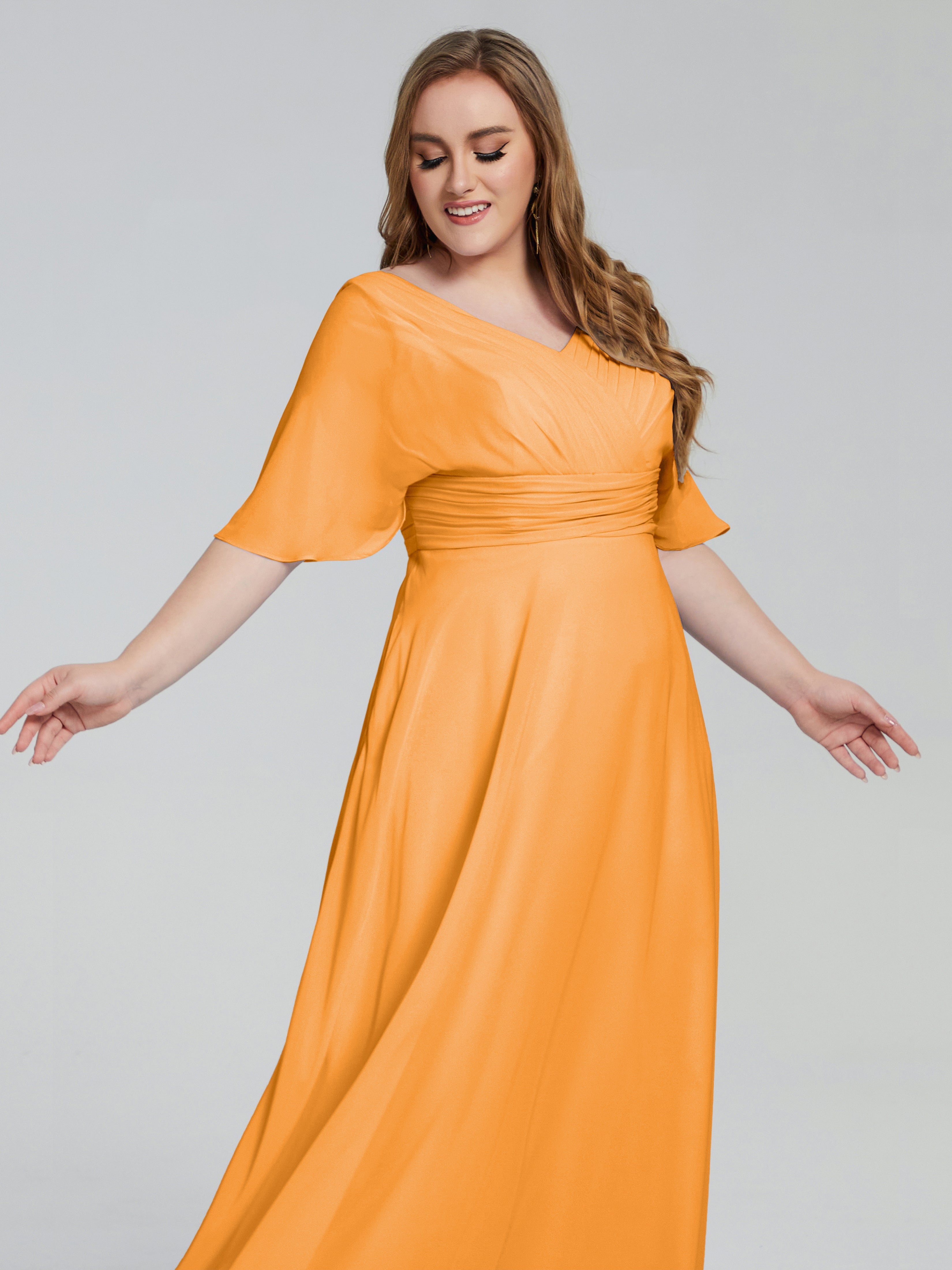 Robes De Demoiselle D'Honneur Mandarine Balayage Traîne Manches Courtes Mousseline Robes Demoiselle D'Honneur Grande Taille