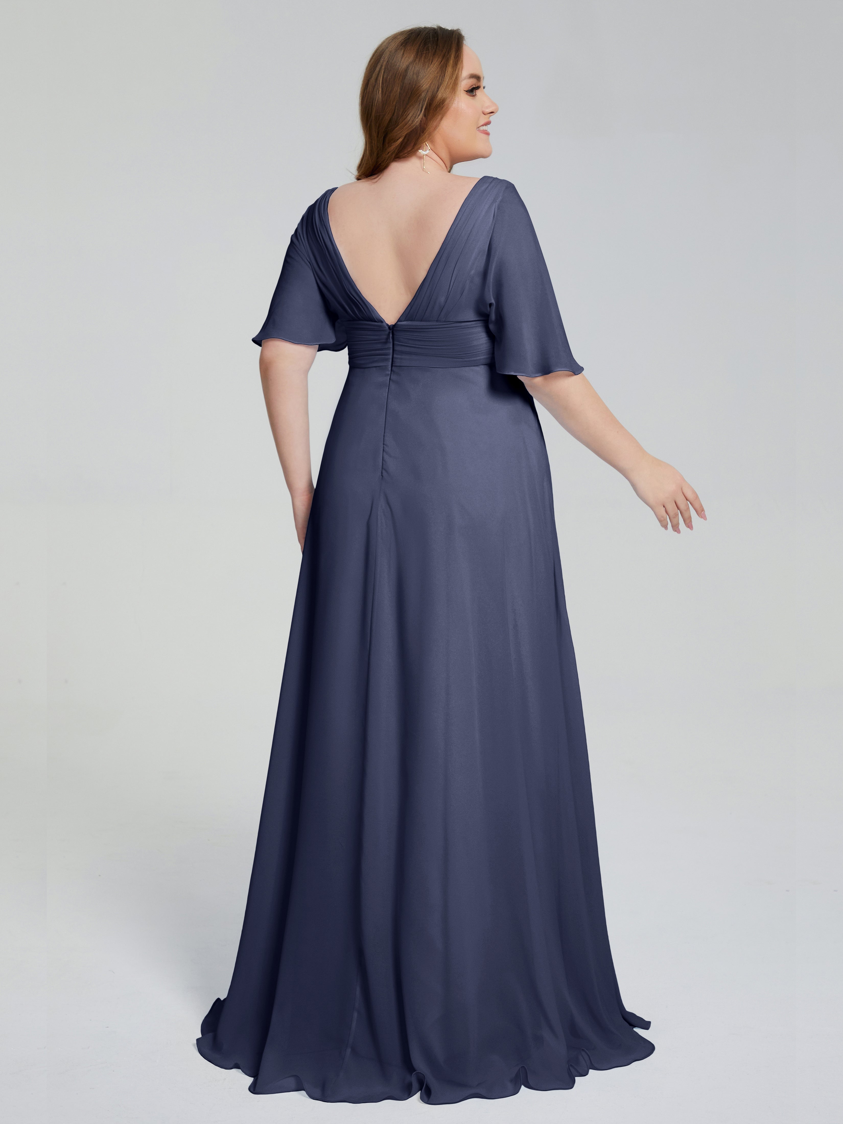 Robes De Demoiselle D'Honneur Bleu Orageux Balayage Traîne Manches Courtes Mousseline Robes Demoiselle D'Honneur Grande Taille
