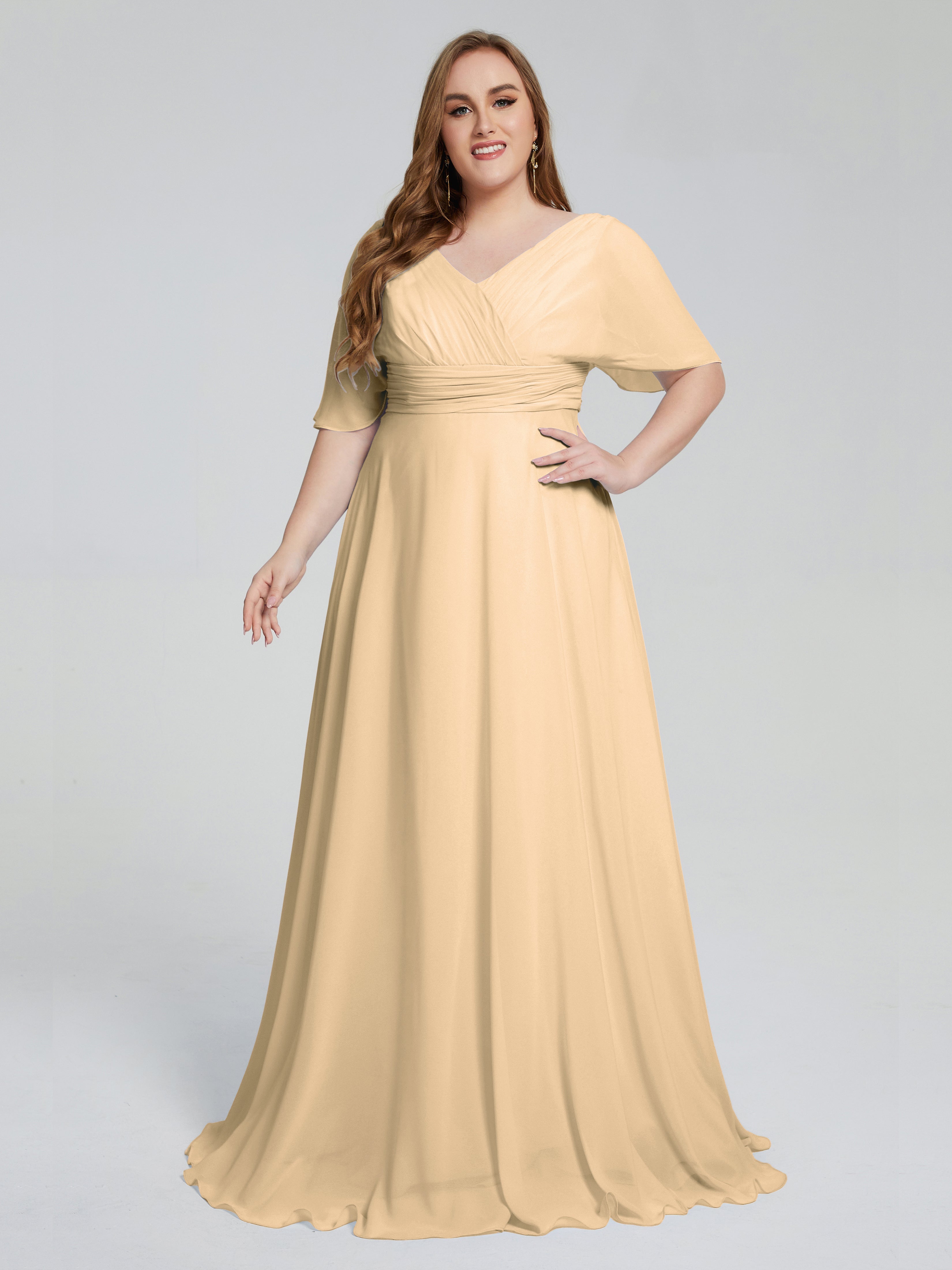 Robe Pêche Demoiselle D Honneur Balayage Traîne Manches Courtes Mousseline Robes Demoiselle D'Honneur Grande Taille