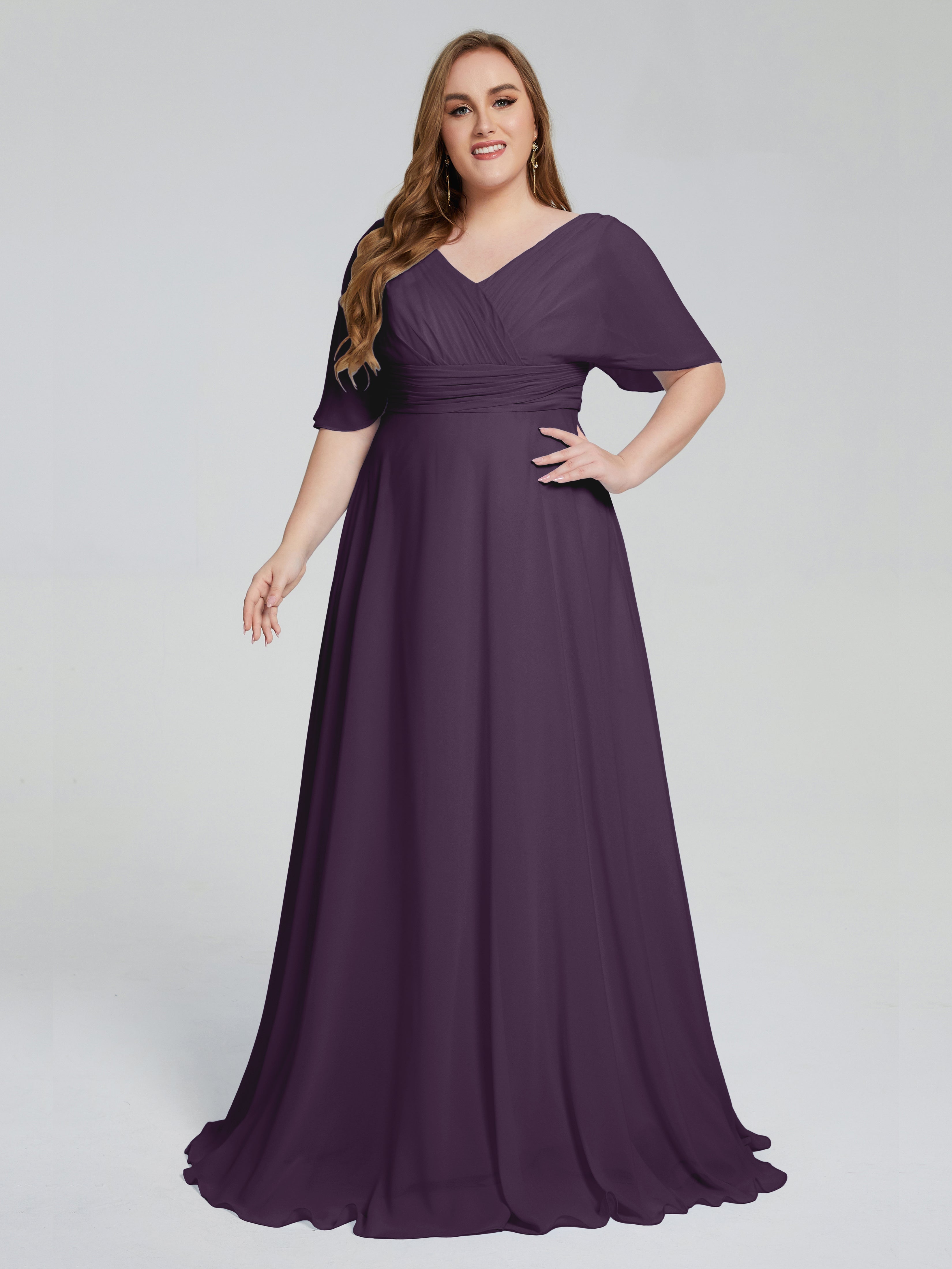 Robe Demoiselle D Honneur Plume Balayage Traîne Manches Courtes Mousseline Robes Demoiselle D'Honneur Grande Taille