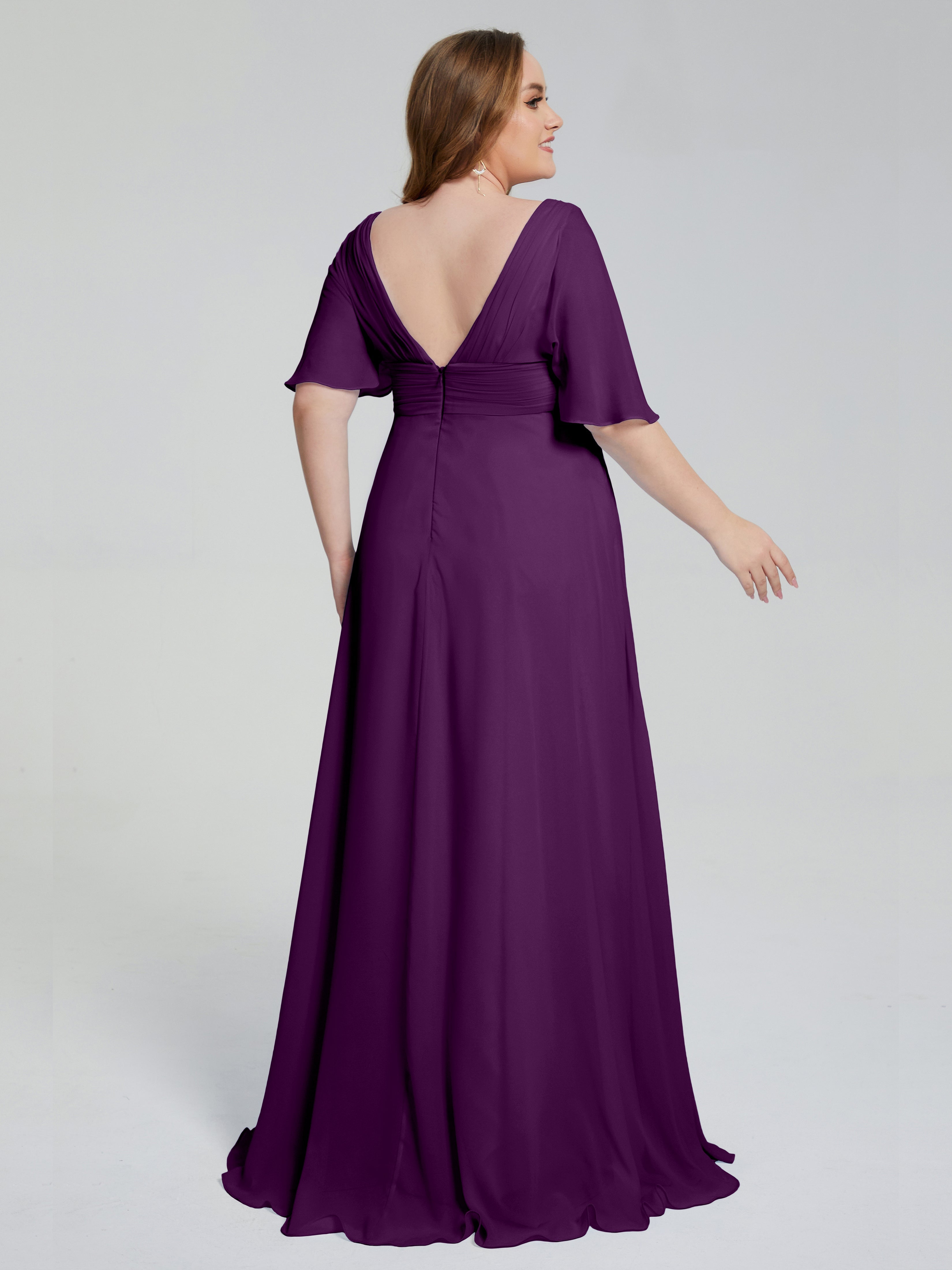 Robes De Demoiselle D'Honneur En Raisin Balayage Traîne Manches Courtes Mousseline Robes Demoiselle D'Honneur Grande Taille