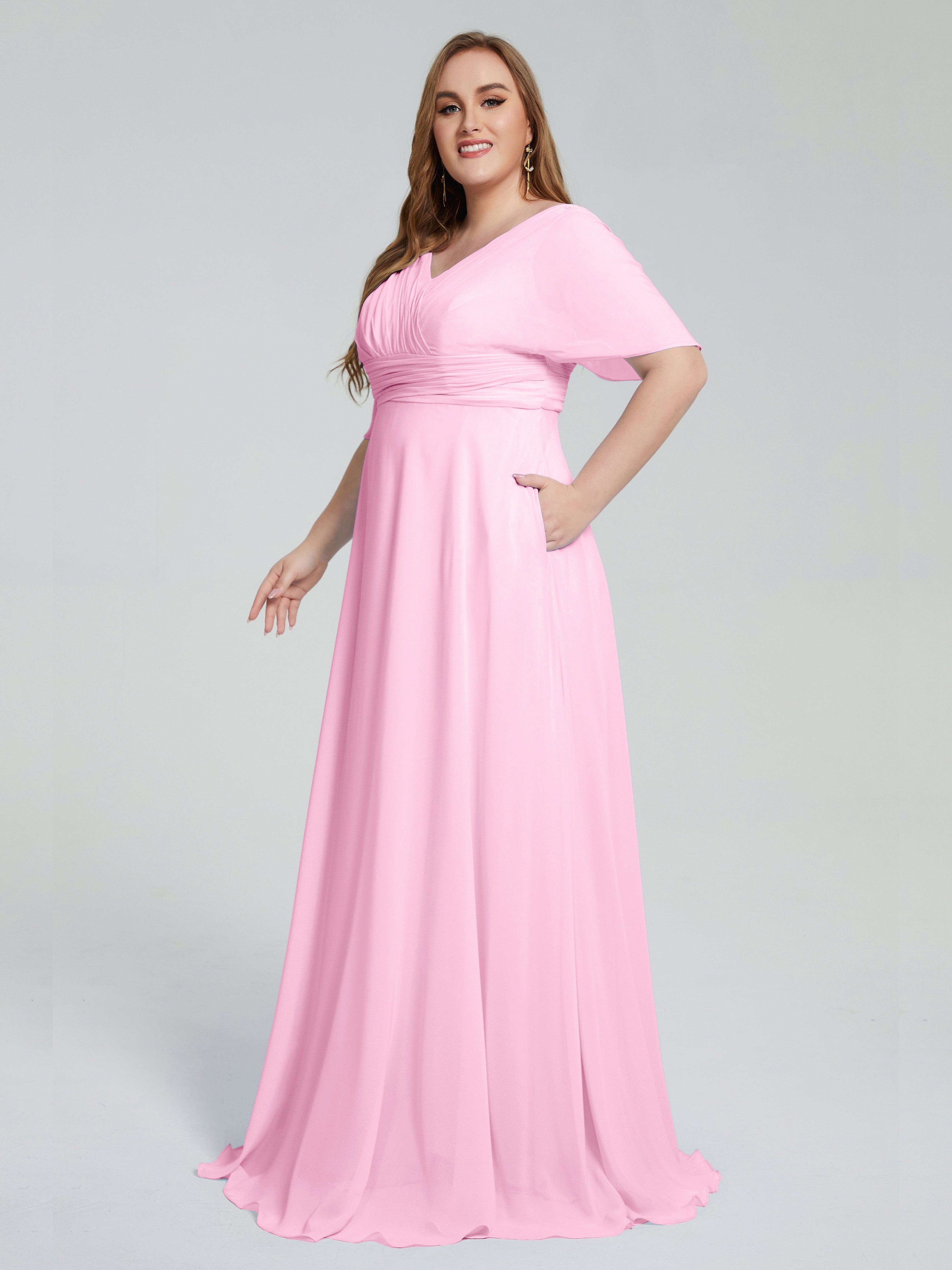 Robe Demoiselle D Honneur Rose Bonbon Balayage Traîne Manches Courtes Mousseline Robes Demoiselle D'Honneur Grande Taille