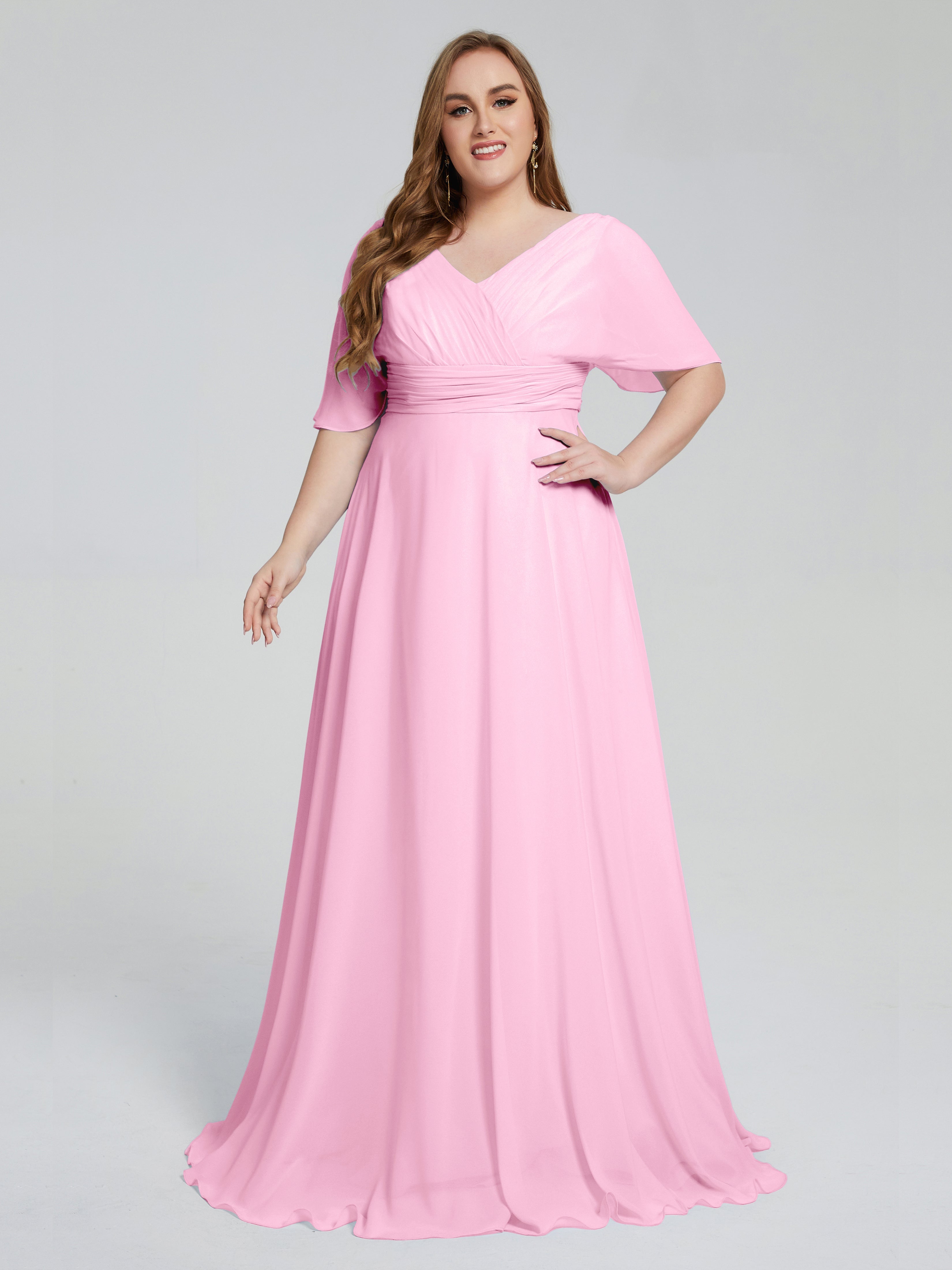 Robe Demoiselle D Honneur Rose Bonbon Balayage Traîne Manches Courtes Mousseline Robes Demoiselle D'Honneur Grande Taille