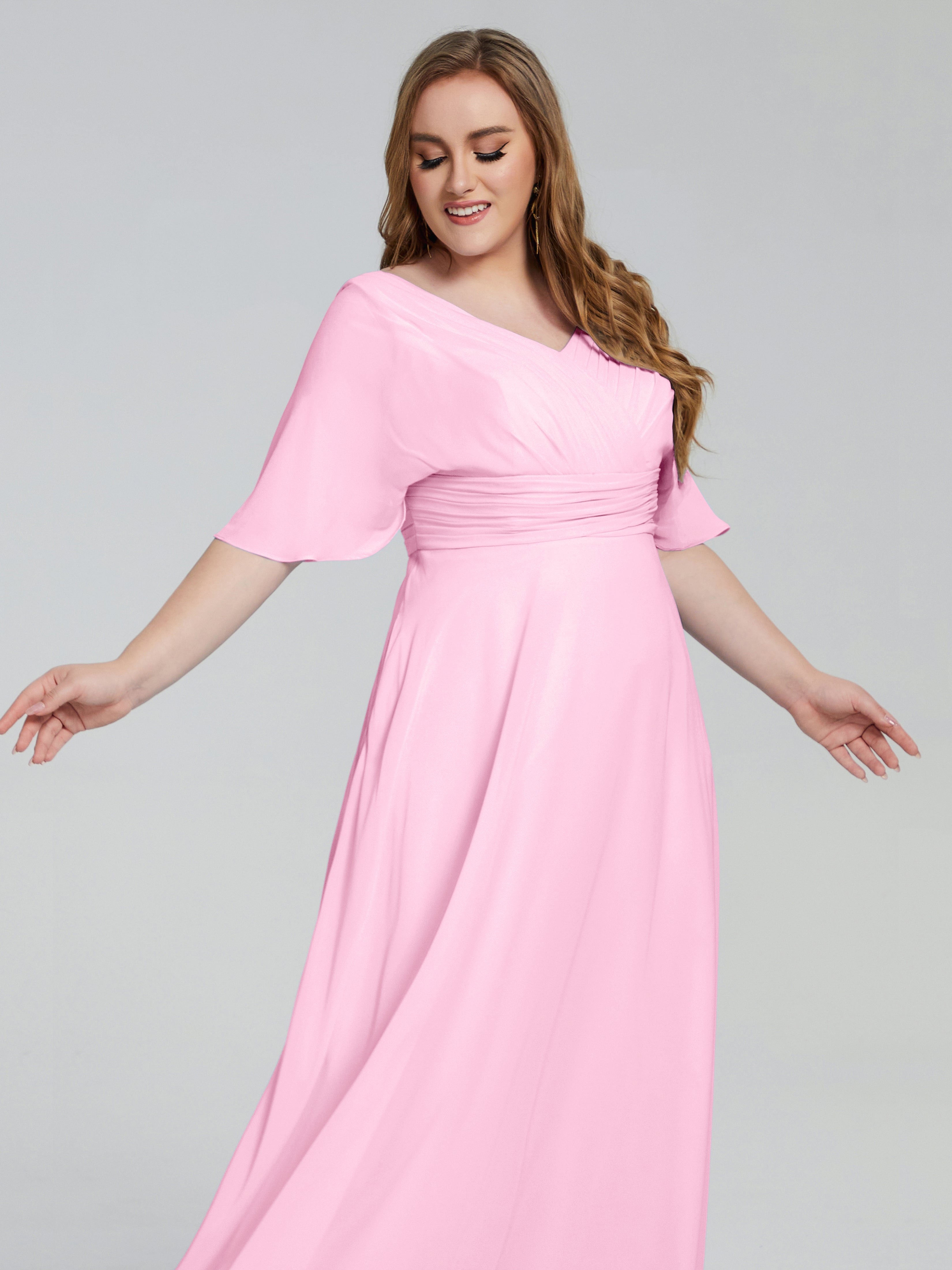 Robe Demoiselle D Honneur Rose Bonbon Balayage Traîne Manches Courtes Mousseline Robes Demoiselle D'Honneur Grande Taille