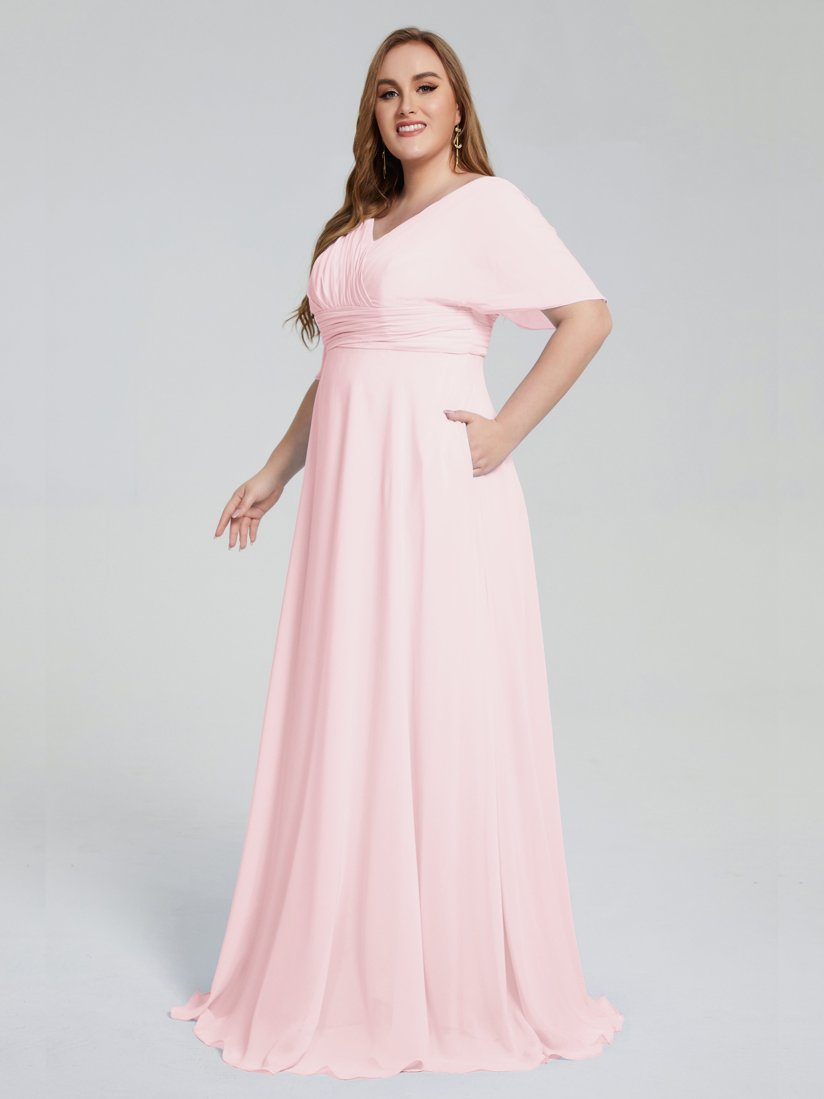 Robe Demoiselle D Honneur Rose Pale Balayage Traîne Manches Courtes Mousseline Robes Demoiselle D'Honneur Grande Taille