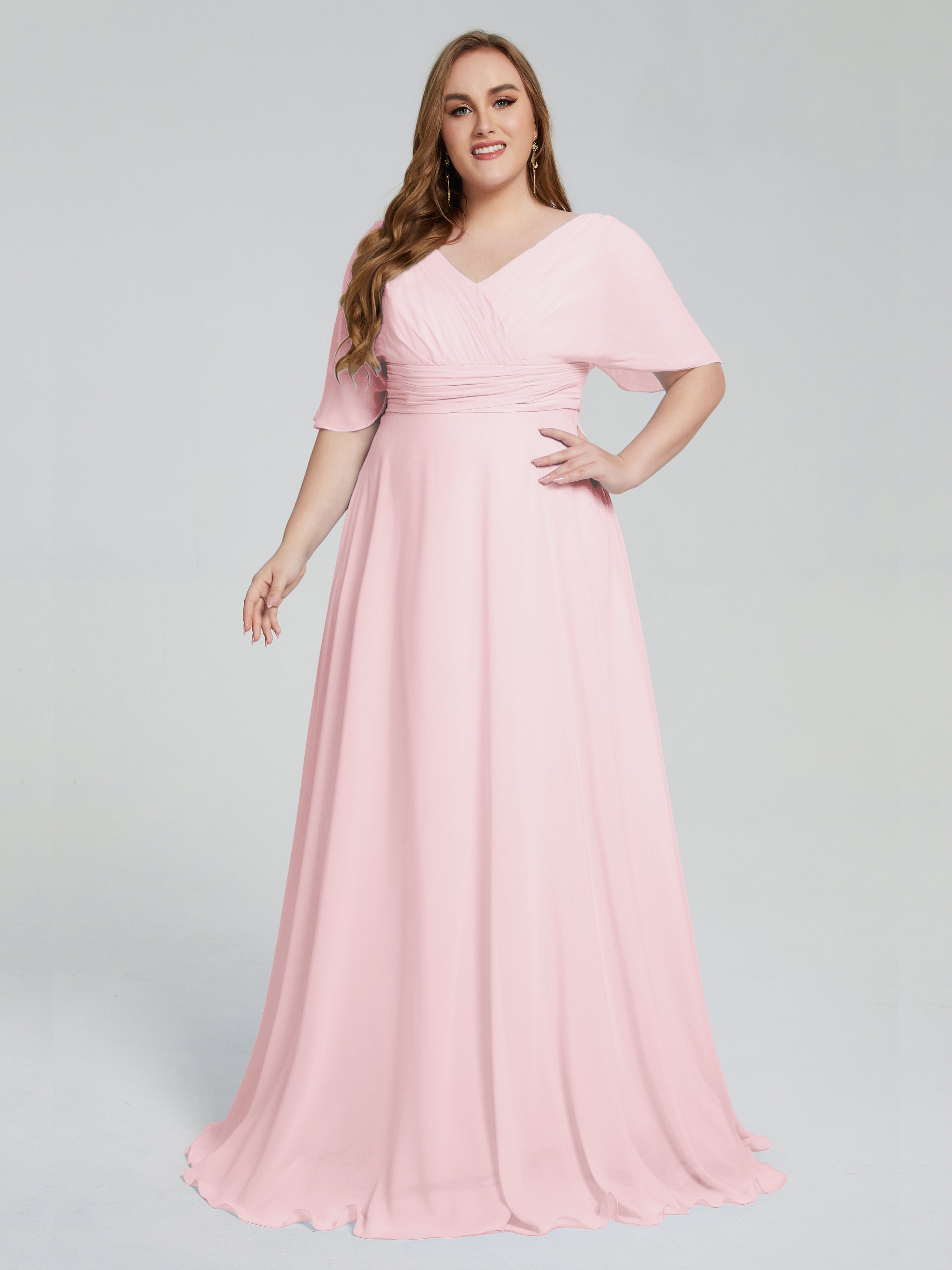 Robe Demoiselle D Honneur Rose Pale Balayage Traîne Manches Courtes Mousseline Robes Demoiselle D'Honneur Grande Taille