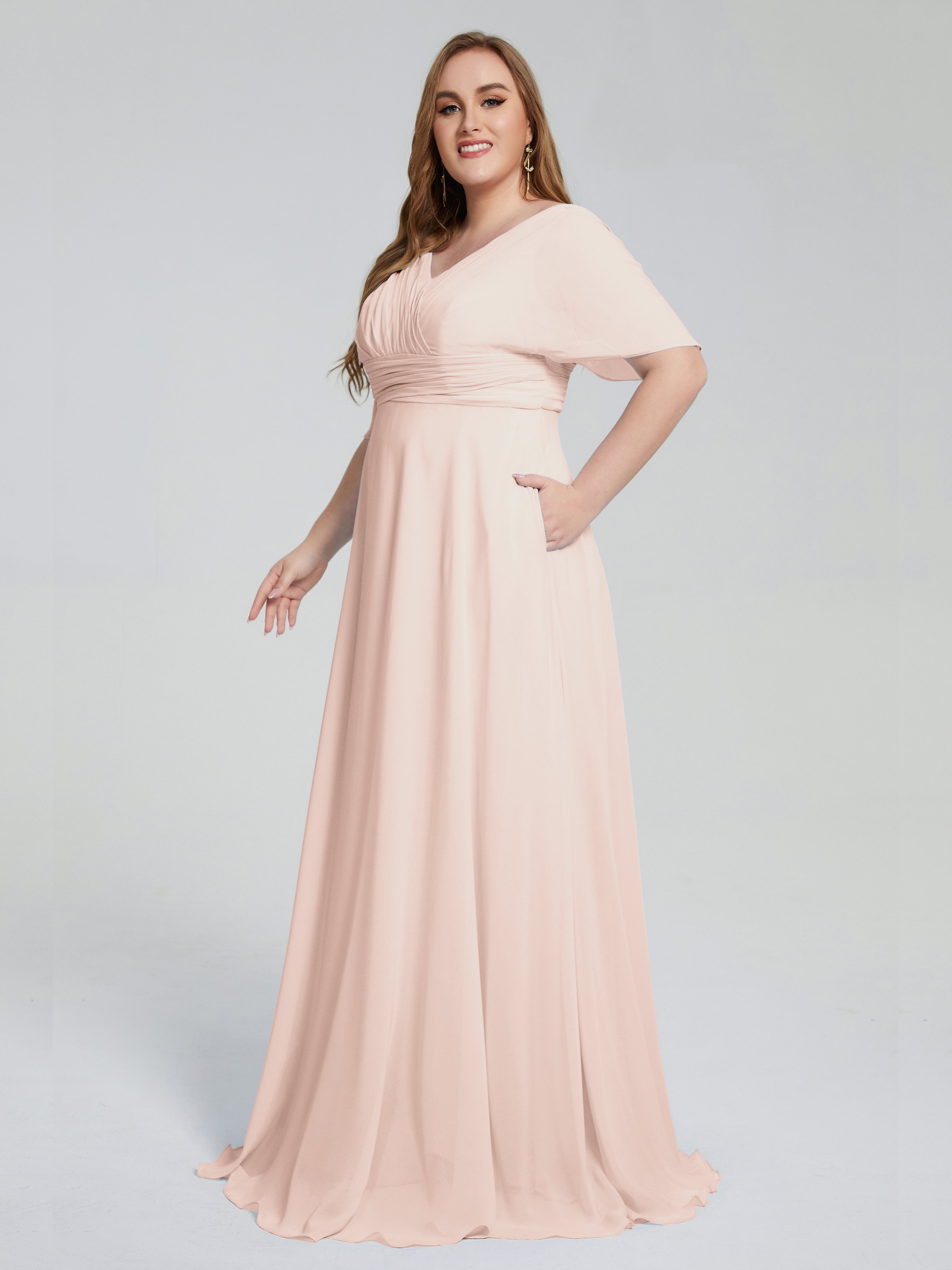 Robe Demoiselle D Honneur Rose Perle Balayage Traîne Manches Courtes Mousseline Robes Demoiselle D'Honneur Grande Taille