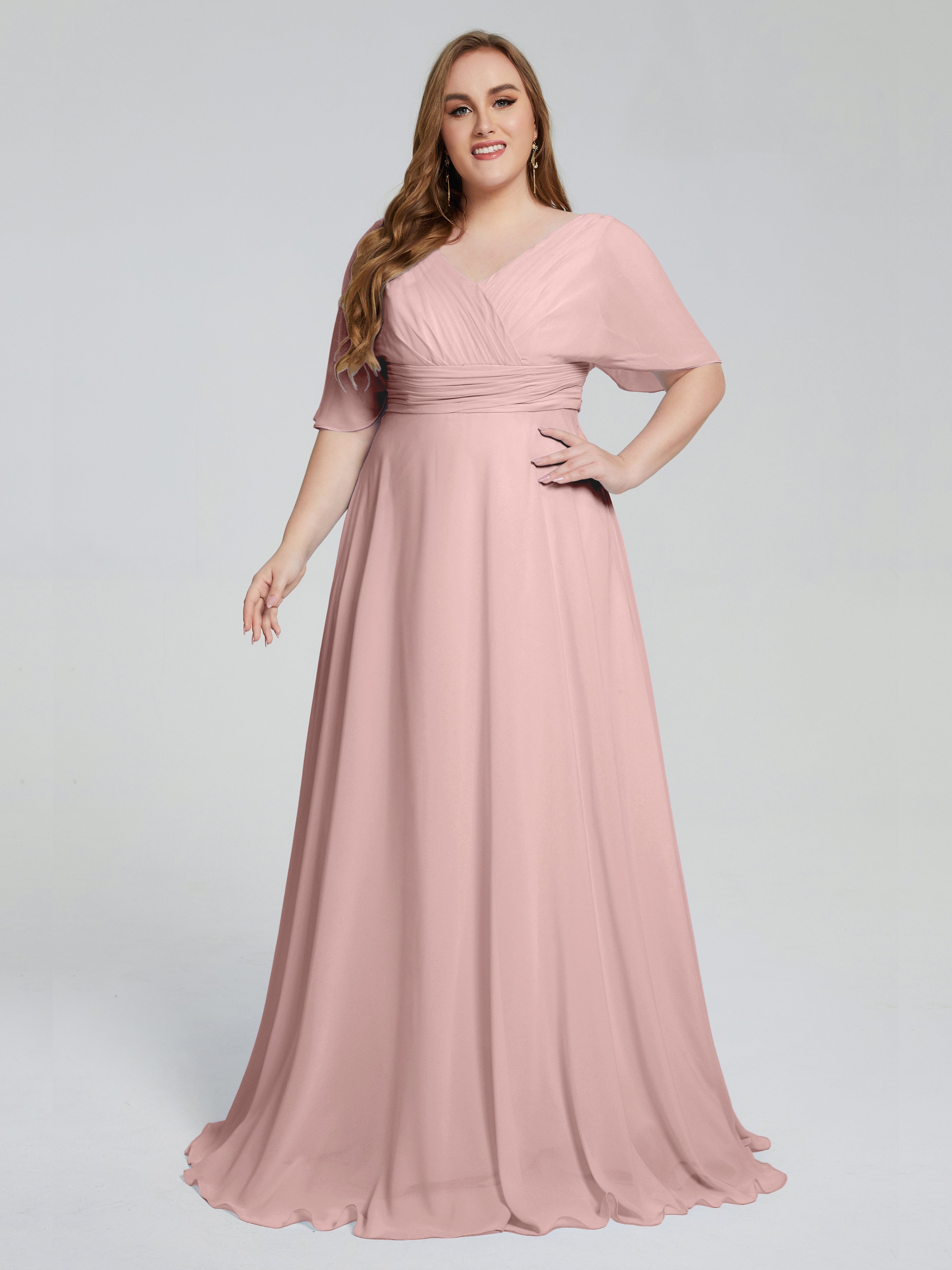 Robes De Demoiselle D'Honneur Couleur Rose Poudrée Balayage Traîne Manches Courtes Mousseline Robes Demoiselle D'Honneur Grande Taille