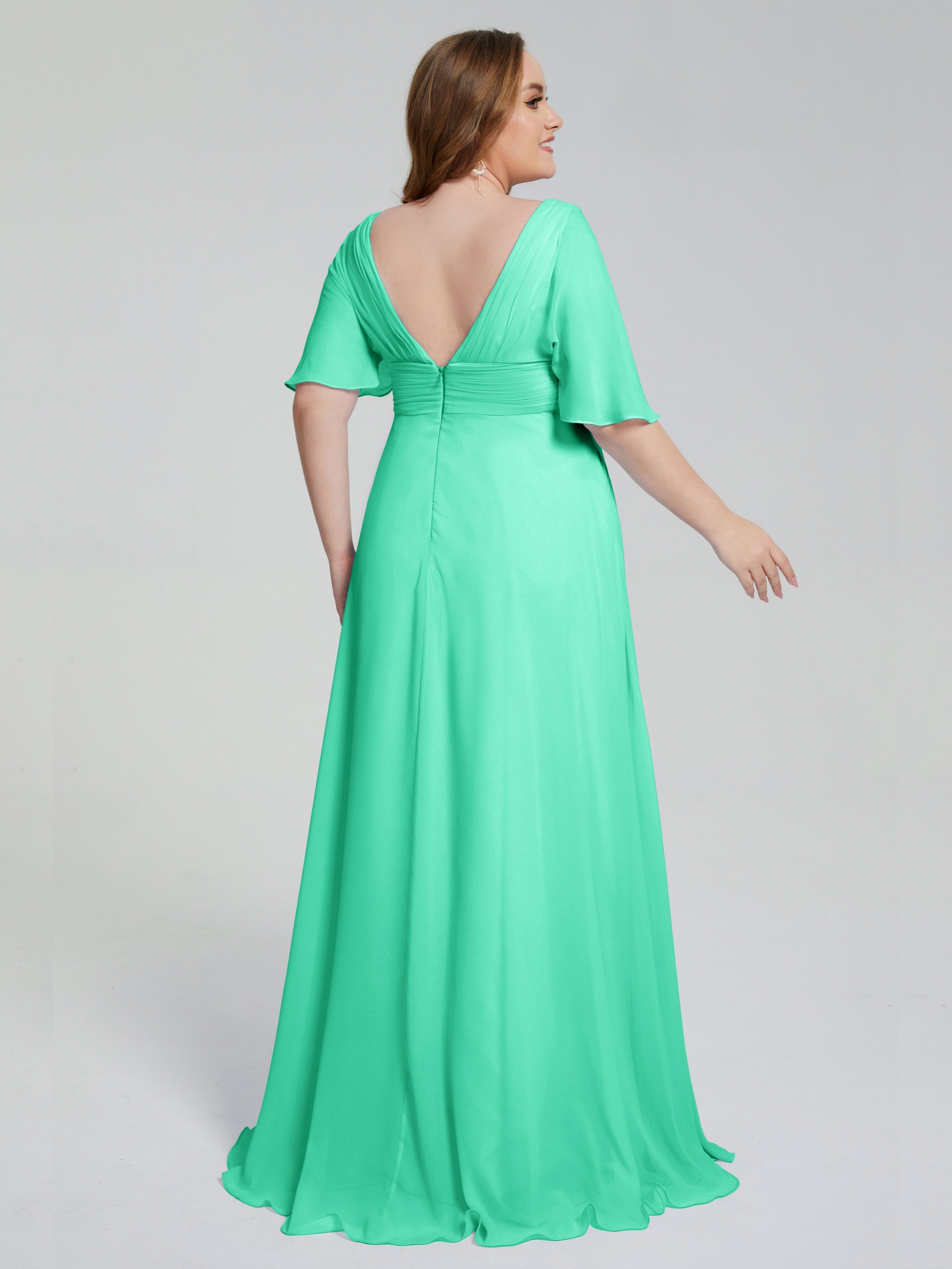 Robes De Demoiselle D'Honneur Turquoise Balayage Traîne Manches Courtes Mousseline Robes Demoiselle D'Honneur Grande Taille