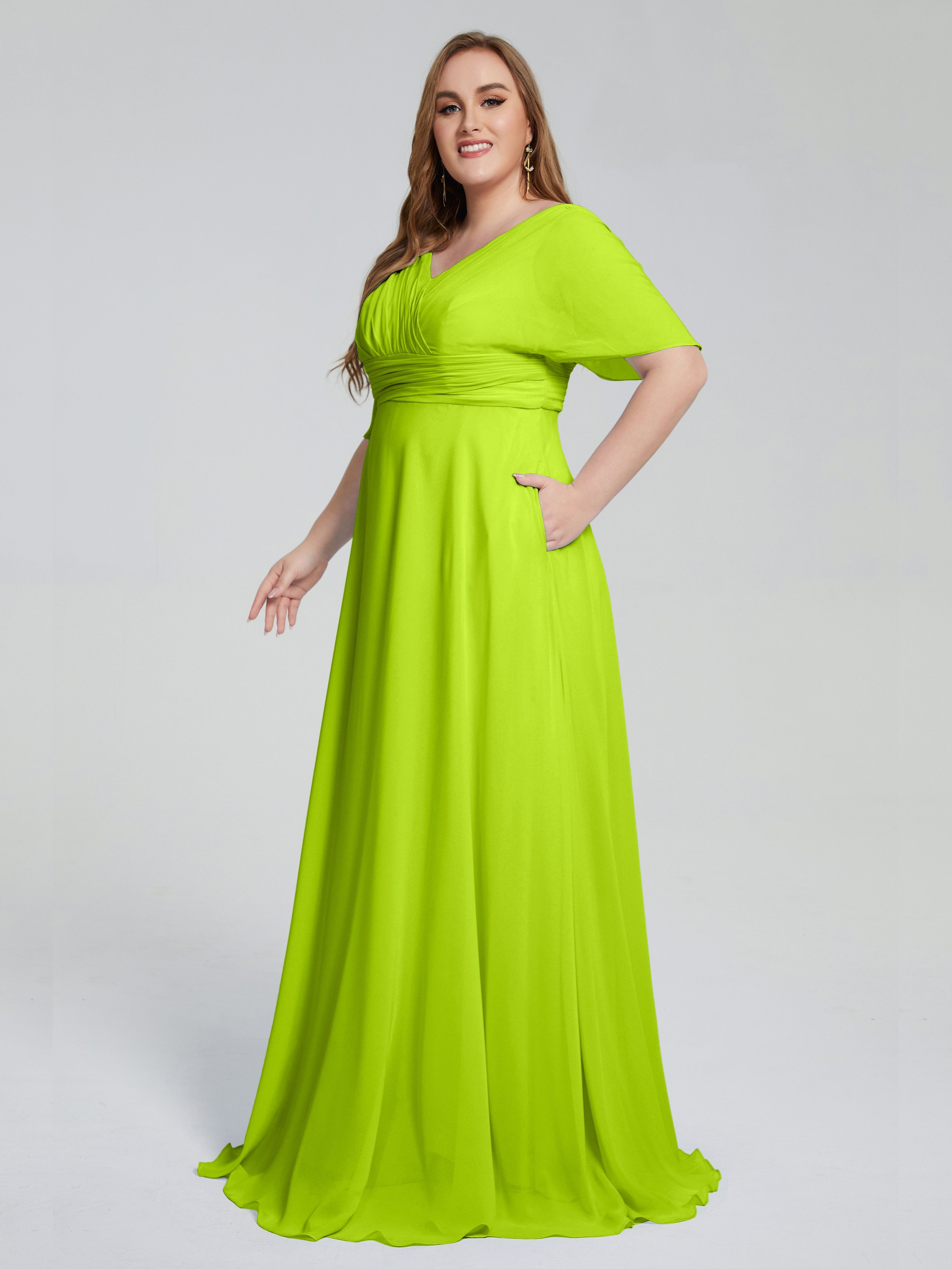 Robes De Demoiselle D'Honneur Vert Citron Balayage Traîne Manches Courtes Mousseline Robes Demoiselle D'Honneur Grande Taille