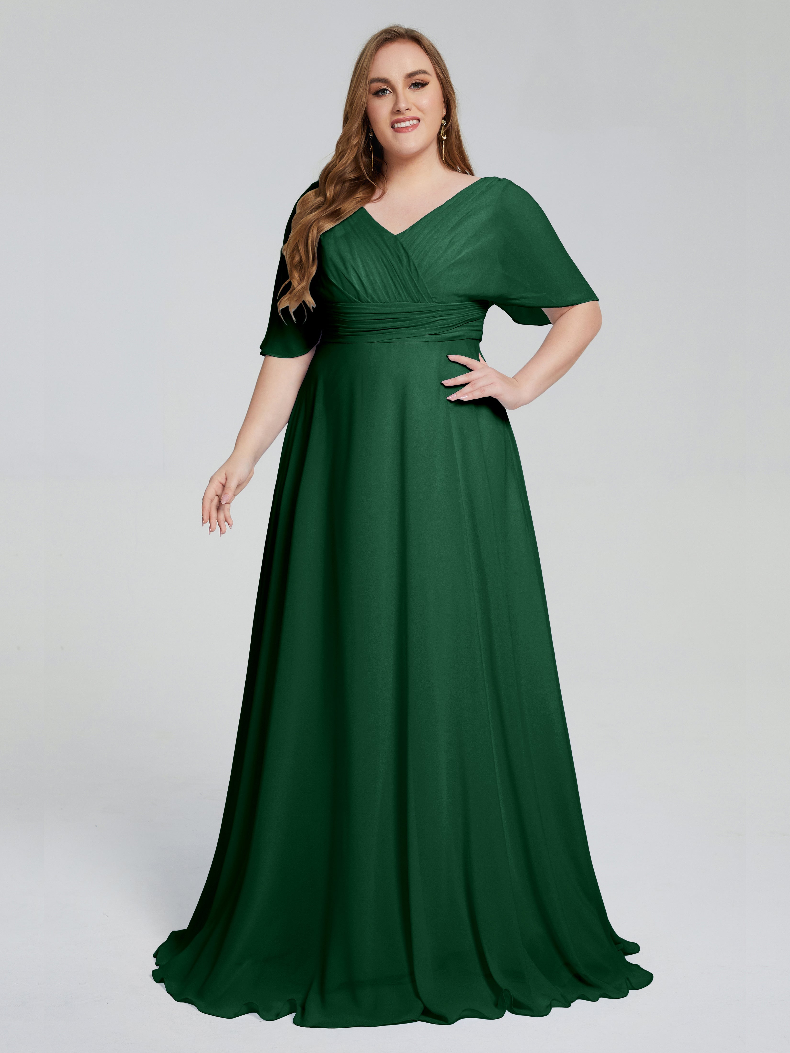 Robes De Demoiselle D'Honneur Vert Foncé Balayage Traîne Manches Courtes Mousseline Robes Demoiselle D'Honneur Grande Taille