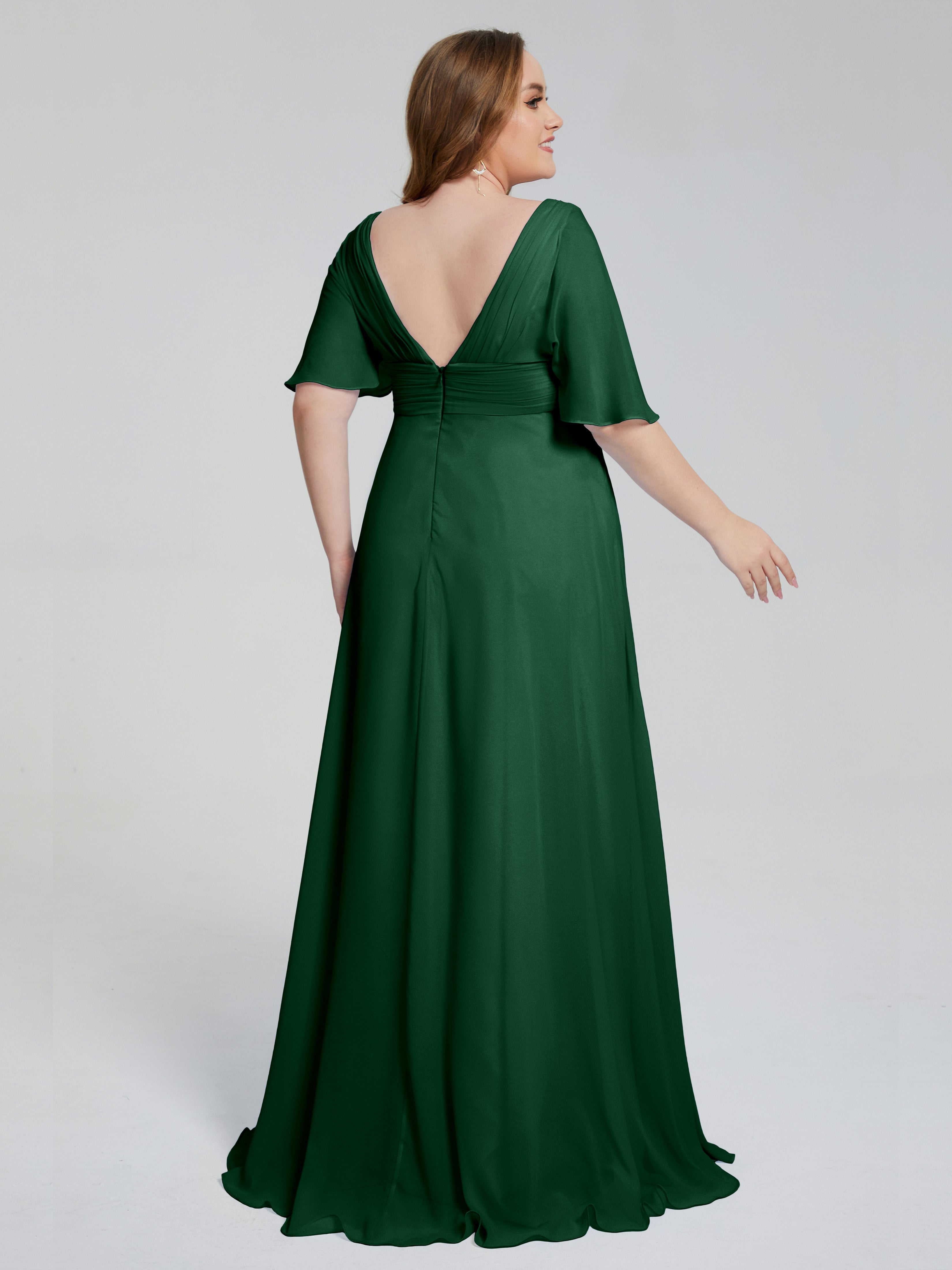 Robes De Demoiselle D'Honneur Vert Foncé Balayage Traîne Manches Courtes Mousseline Robes Demoiselle D'Honneur Grande Taille