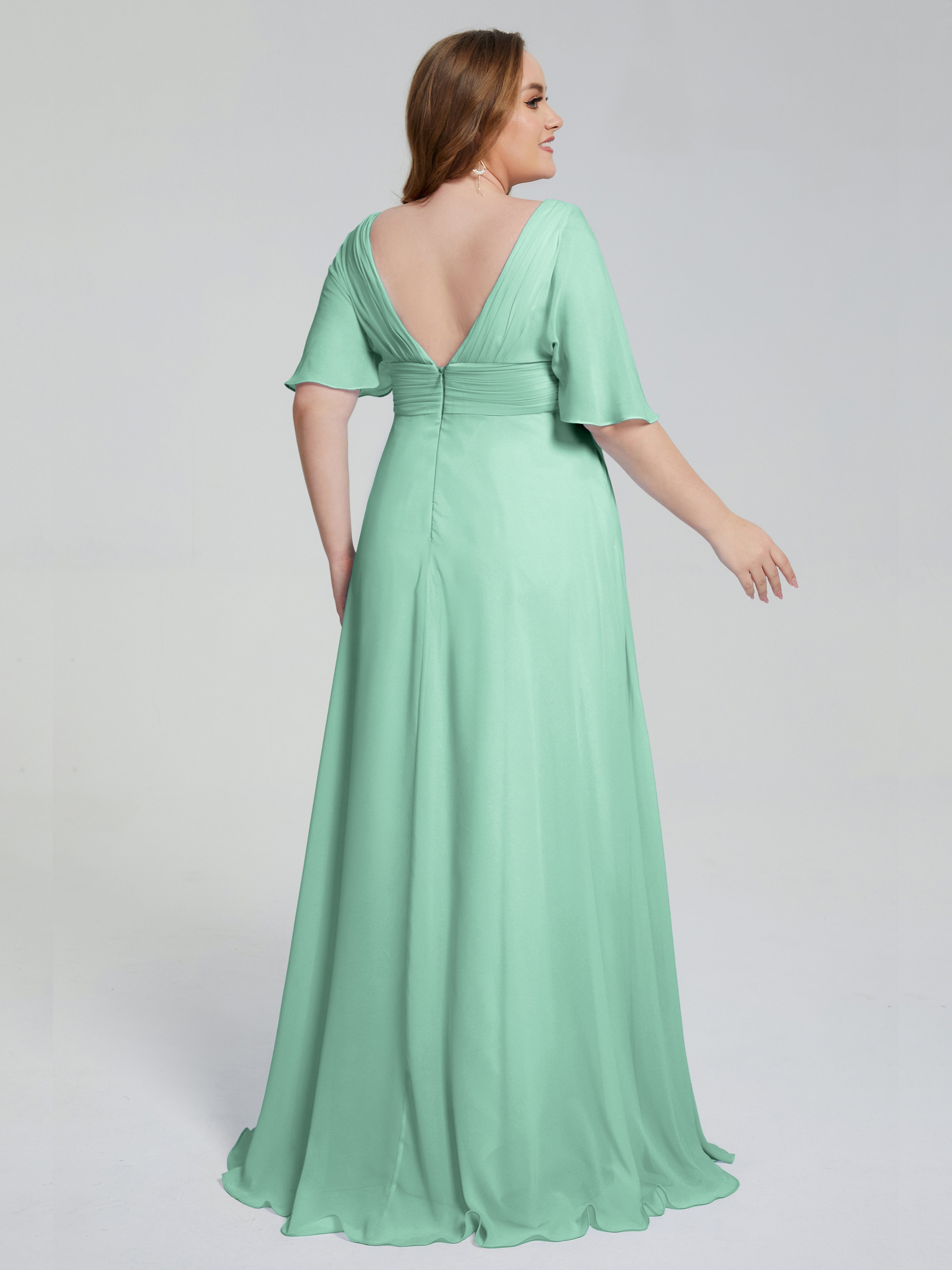Robe Demoiselle D Honneur Vert Menthe Balayage Traîne Manches Courtes Mousseline Robes Demoiselle D'Honneur Grande Taille