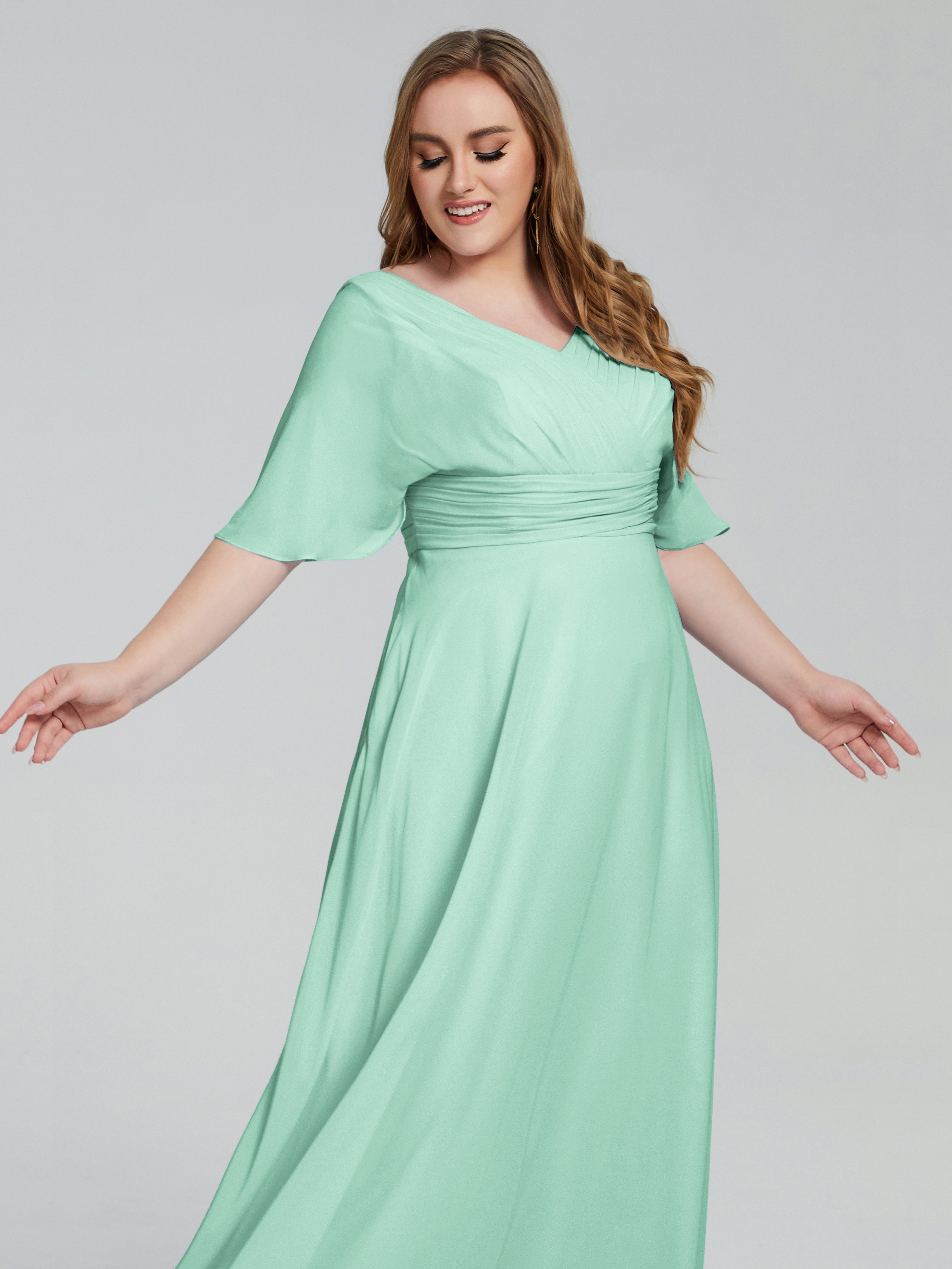 Robe Demoiselle D Honneur Vert Menthe Balayage Traîne Manches Courtes Mousseline Robes Demoiselle D'Honneur Grande Taille