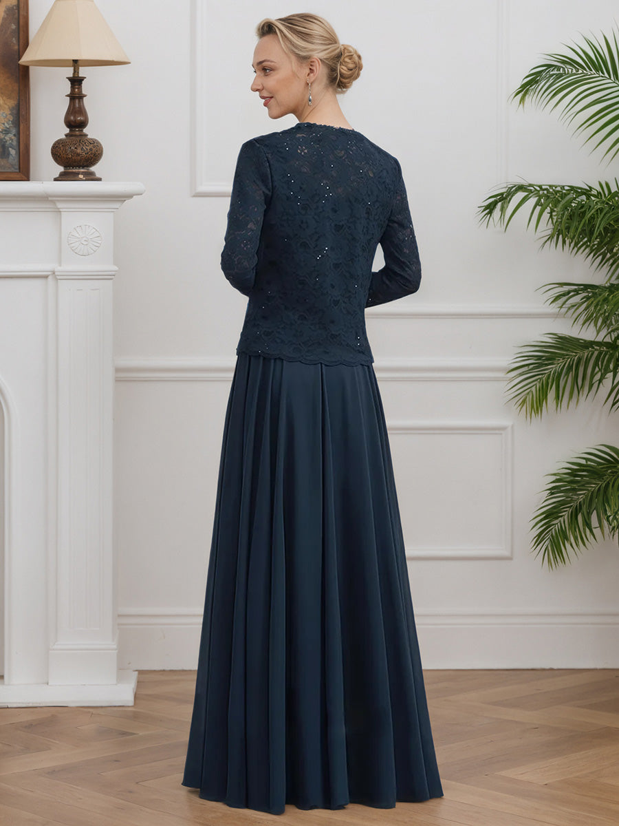 Cicinia Bleu Marine Robe avec Veste pour Mère de la Mariée Longue en Mousseline et Dentelle A-Line Longueur Sol