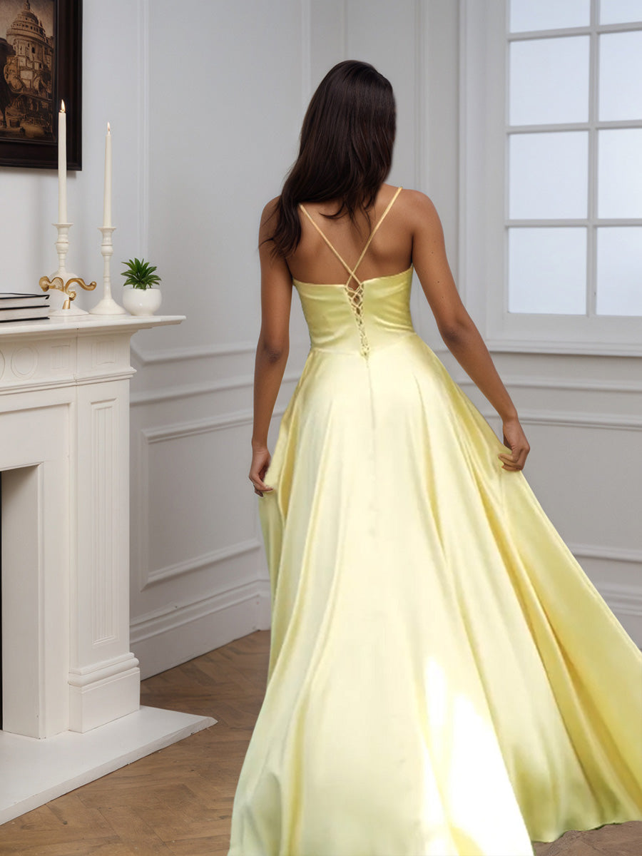 Cicinia Robe de Soirée Jonquille Longue A-Line à Bretelles Spaghetti Fente Longueur Sol Épurée