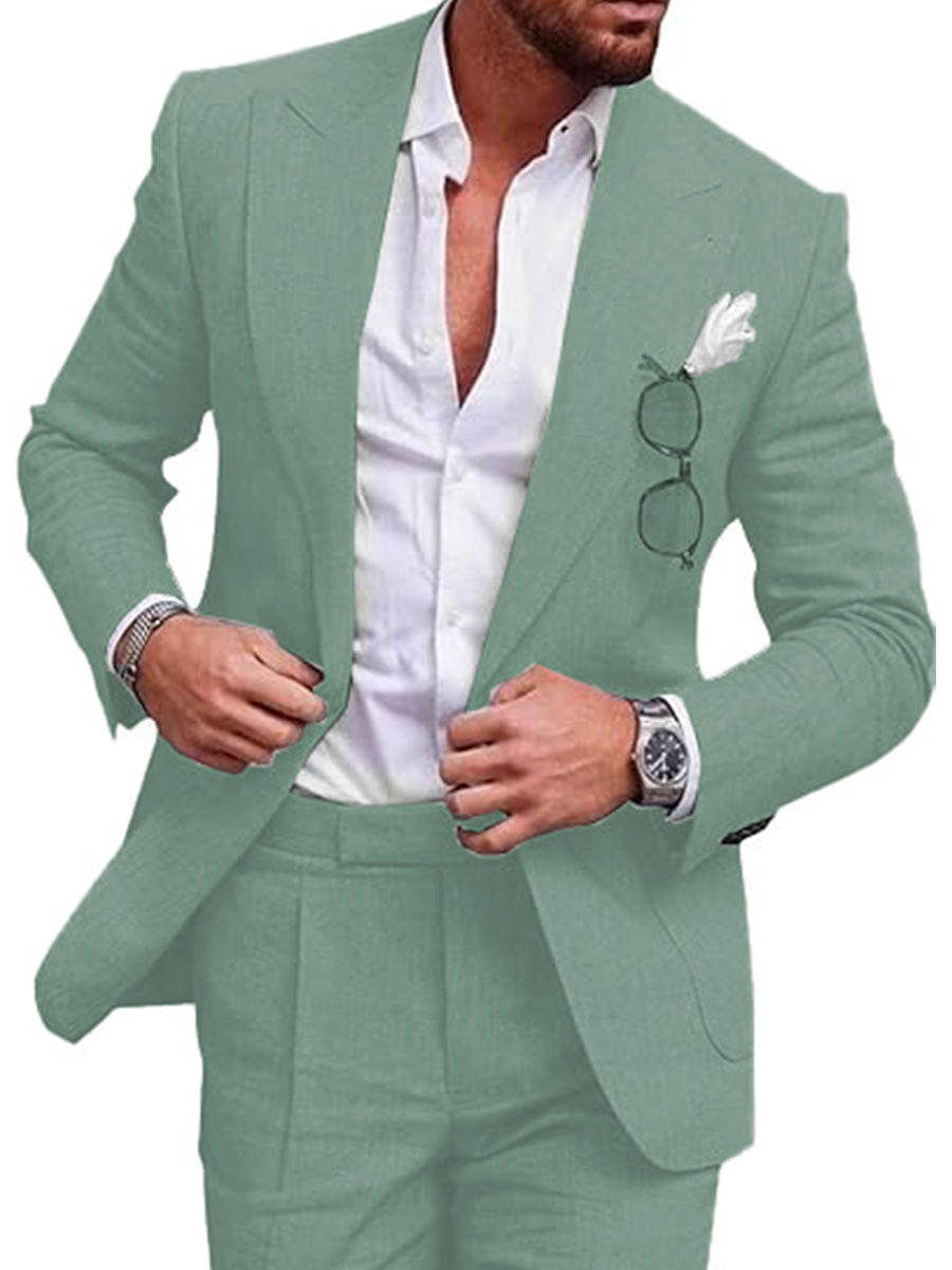 Costume Homme 2 Pièces Eucalyptus en Lin Léger Style Rétro et Coupe Slim pour Mariages d'Été