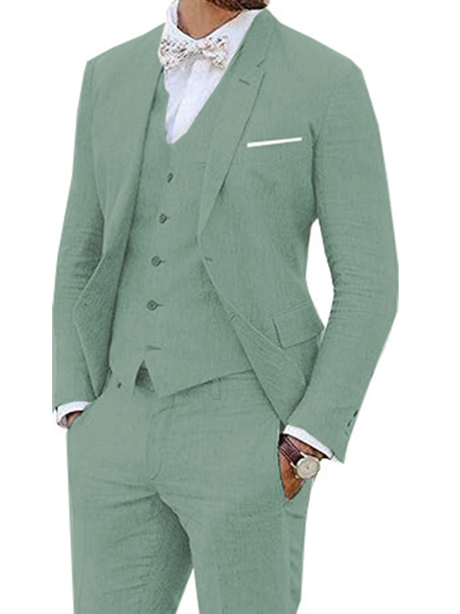 Costume 3 Pièces Homme en Eucalyptus en Lin Style Rétro avec Veste Queue-de-Pie pour Mariage et Bal
