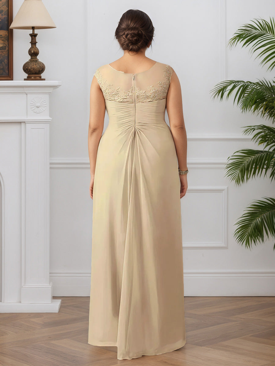 Cicinia Champagne Robe pour Mère de la Mariée Longue Col Rond en Mousseline et Dentelle A-Line Longueur Sol Grande Taille