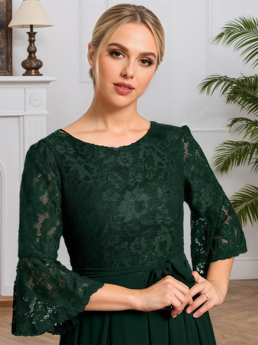 Cicinia Vert Foncé Robe pour Mère de la Mariée Longue en Mousseline et Dentelle A-Line Manches Trumpettes