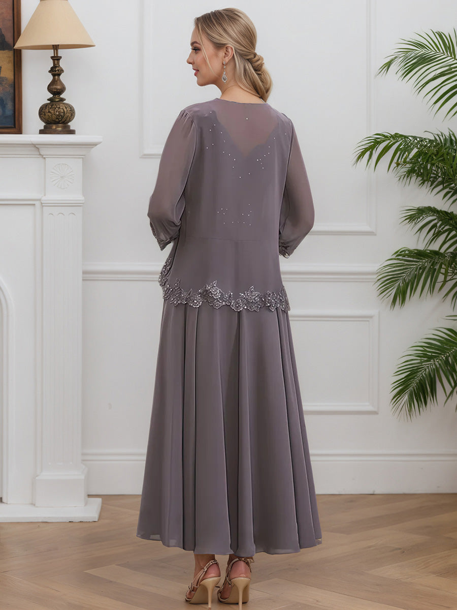Cicinia Crépuscule Robe avec Veste pour Mère de la Mariée Courte en Mousseline et Dentelle Perlé Longueur Cheville