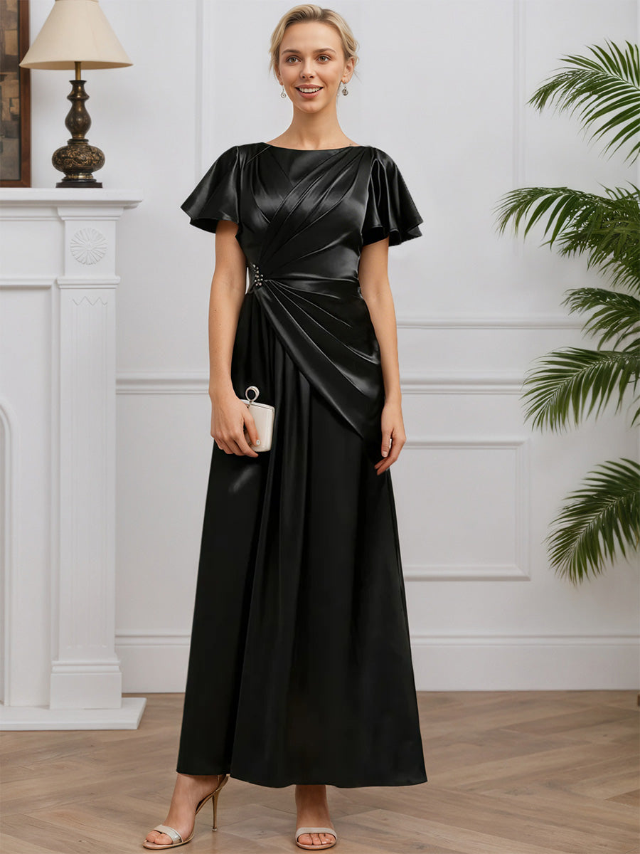 Cicinia Noir Robe pour Mère du Marié Longue en Satin A-Line Manches Courtes Perlé