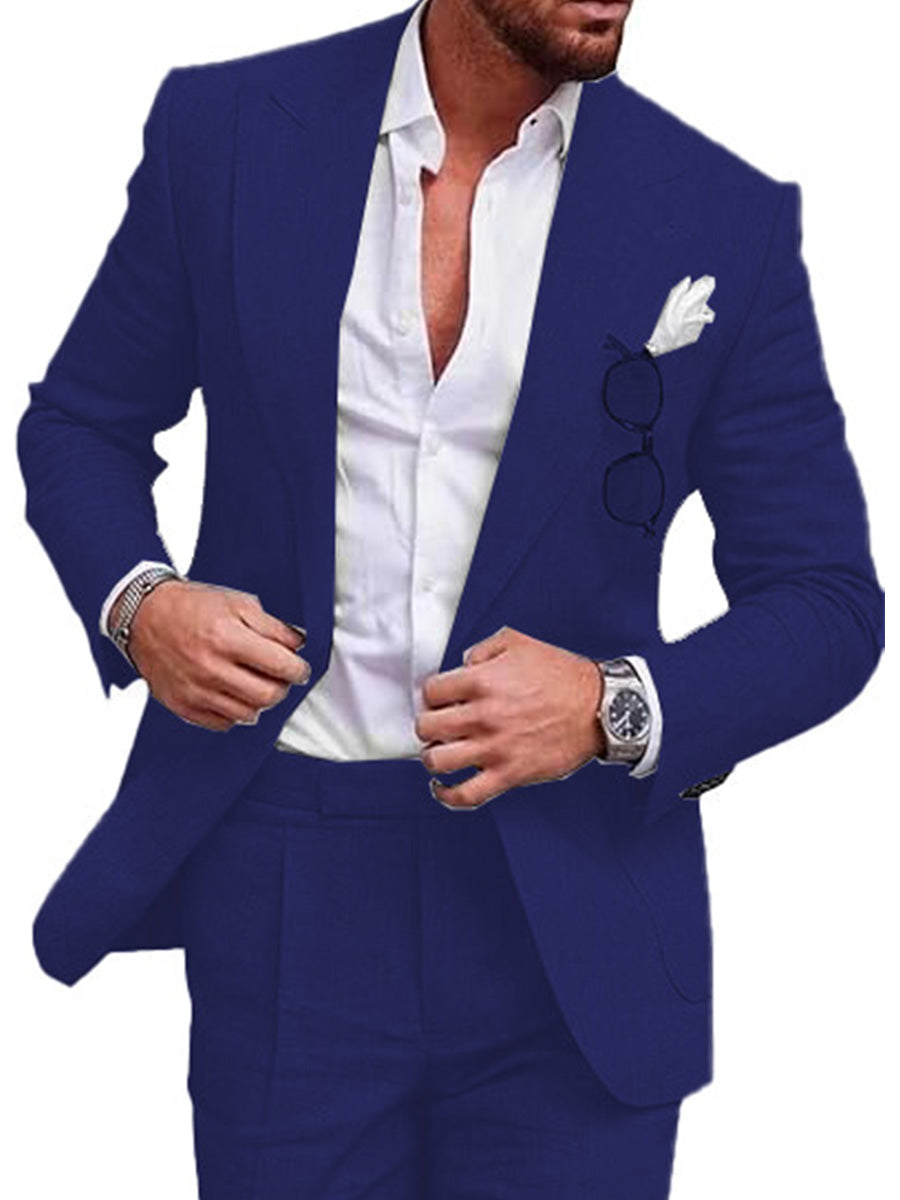 Costume Homme 2 Pièces BLEU_ROYALE en Lin Léger Style Rétro et Coupe Slim pour Mariages d'Été