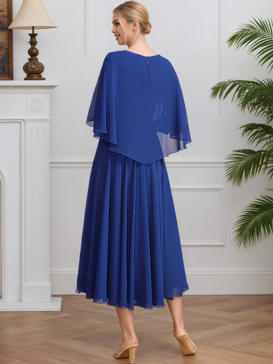 Cicinia Bleu Royal Robe pour Mère de la Mariée Longue en Mousseline et Dentelle A-Line Longueur Midi (Thé)