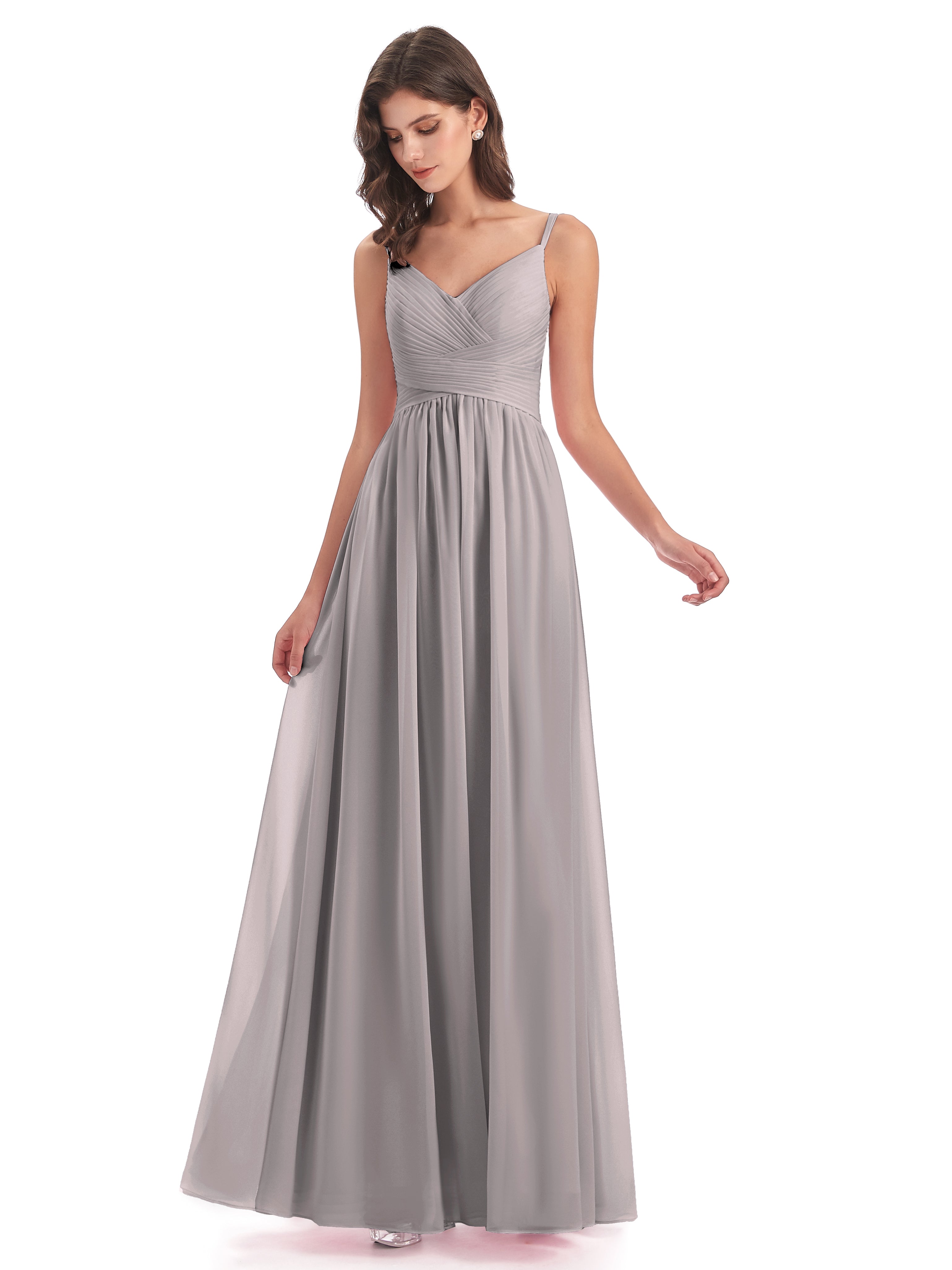 Robe Demoiselle D Honneur Argent Bretelles Spaghetti Plis Dentelle Robes Demoiselle D'Honneur