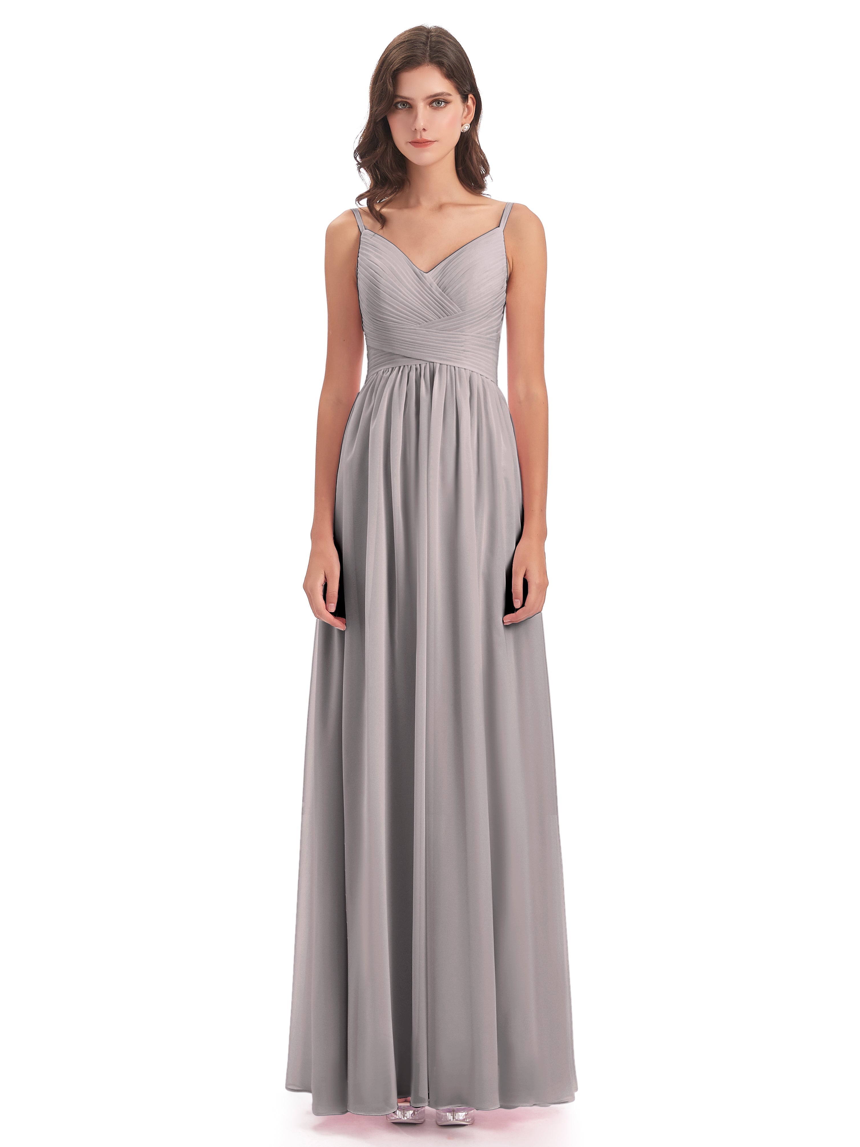 Robe Demoiselle D Honneur Argent Bretelles Spaghetti Plis Dentelle Robes Demoiselle D'Honneur