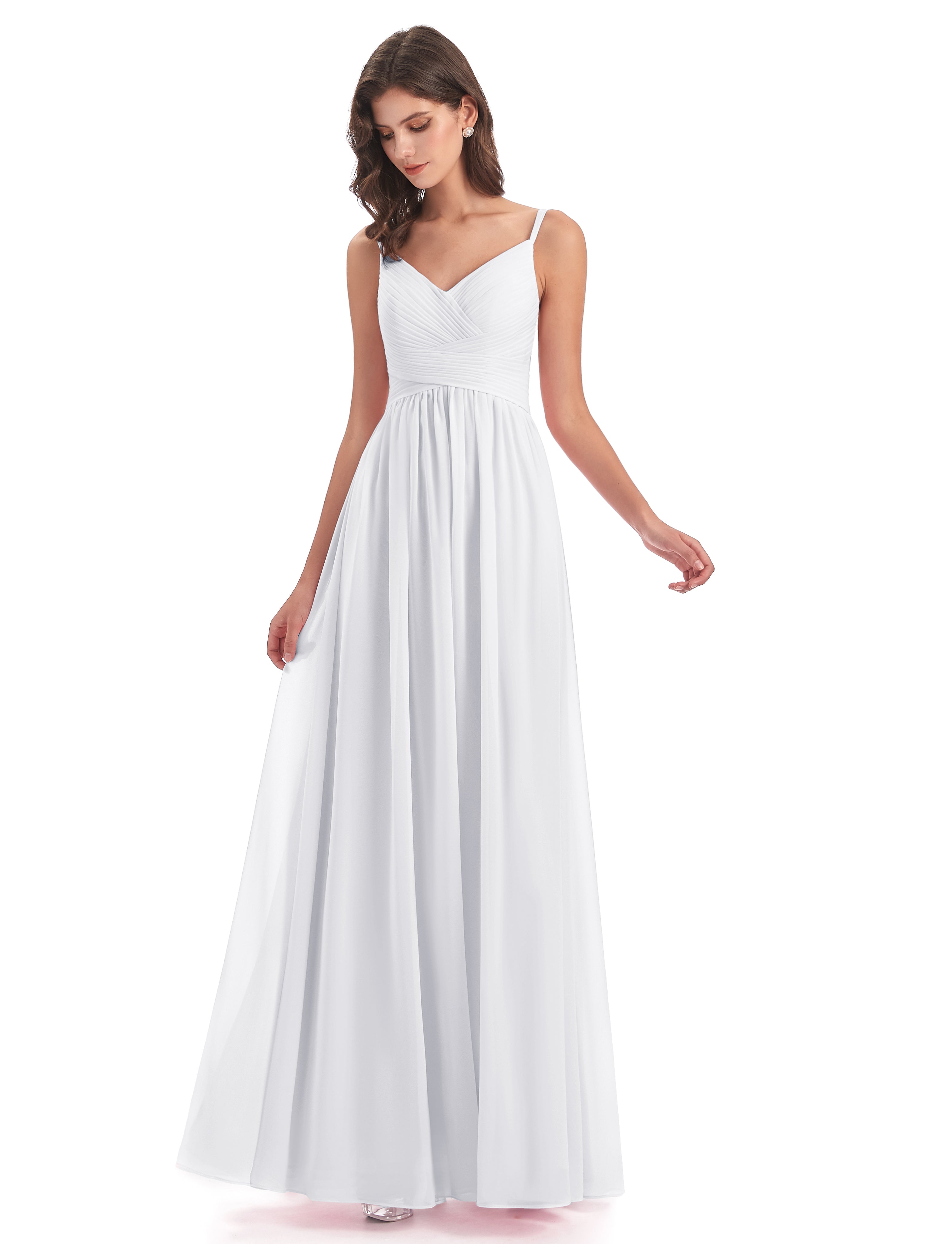 Robe Longue Blanche Demoiselle D Honneur Bretelles Spaghetti Plis Dentelle Robes Demoiselle D'Honneur