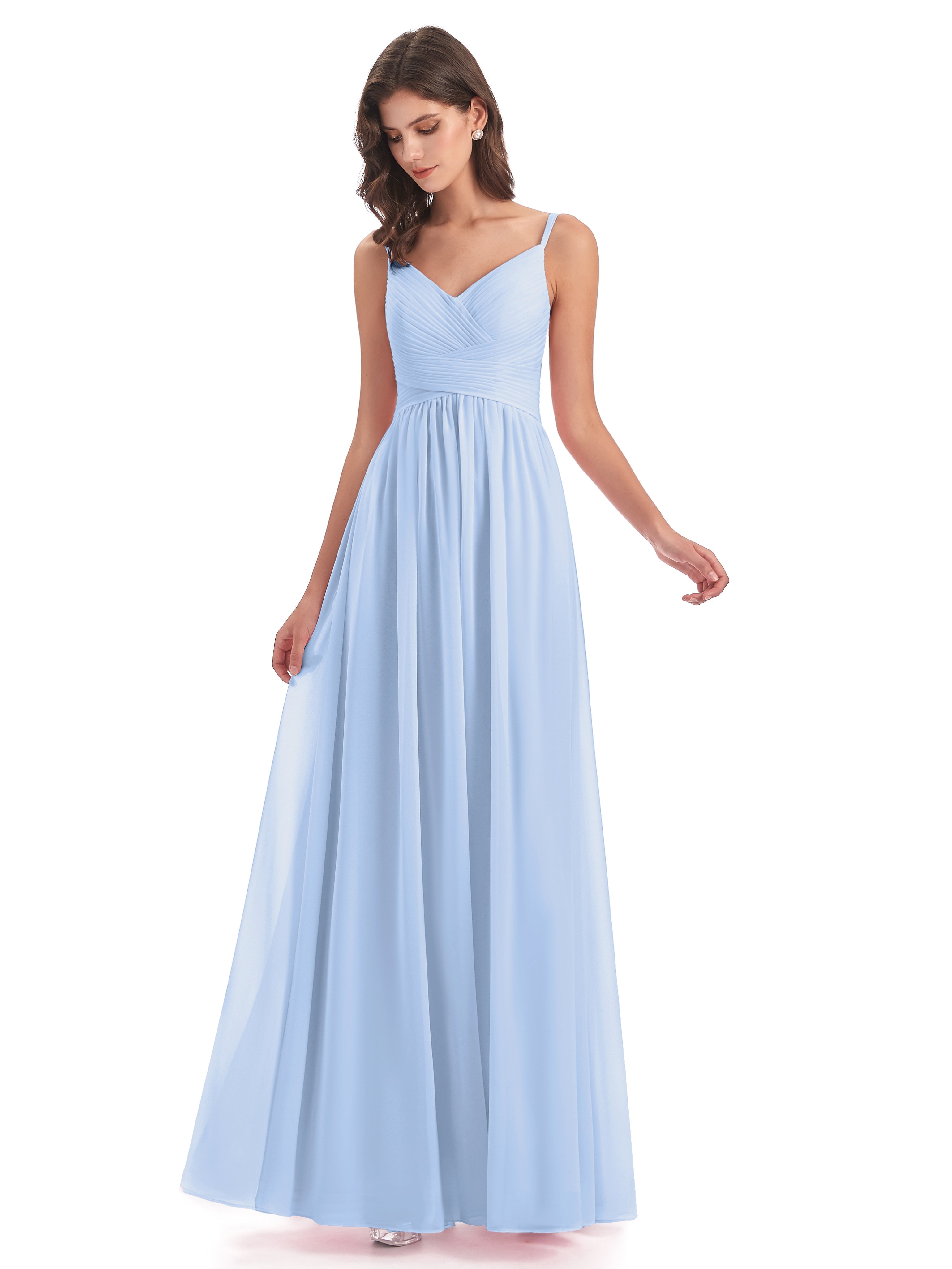 Robe Demoiselle D Honneur Bleu Ciel Bretelles Spaghetti Plis Dentelle Robes Demoiselle D'Honneur